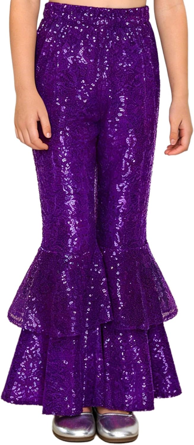 Girls Glitter Flare Leggings Pants Kids Ruffled Yoga Disco Dance Bell Bottoms