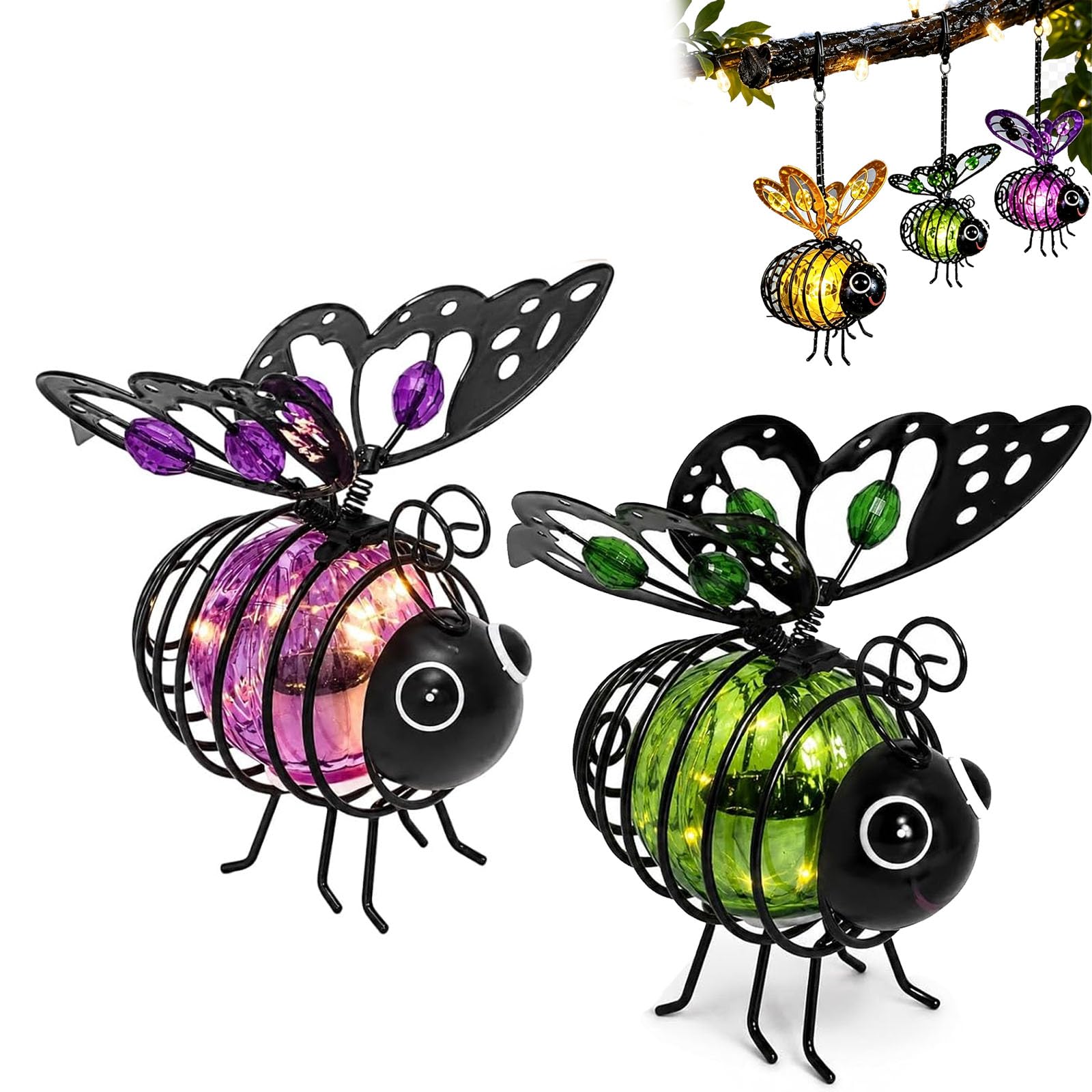 Hanging Solar Bee Light, Solar Globe Bee Lantern, Hanging Solar Bee Light Outdoor Decor, Waterproof Solar Powered Insect Ornament, with Bouncy Springs Tree Porch Backyard Balcony (Purple+Green)