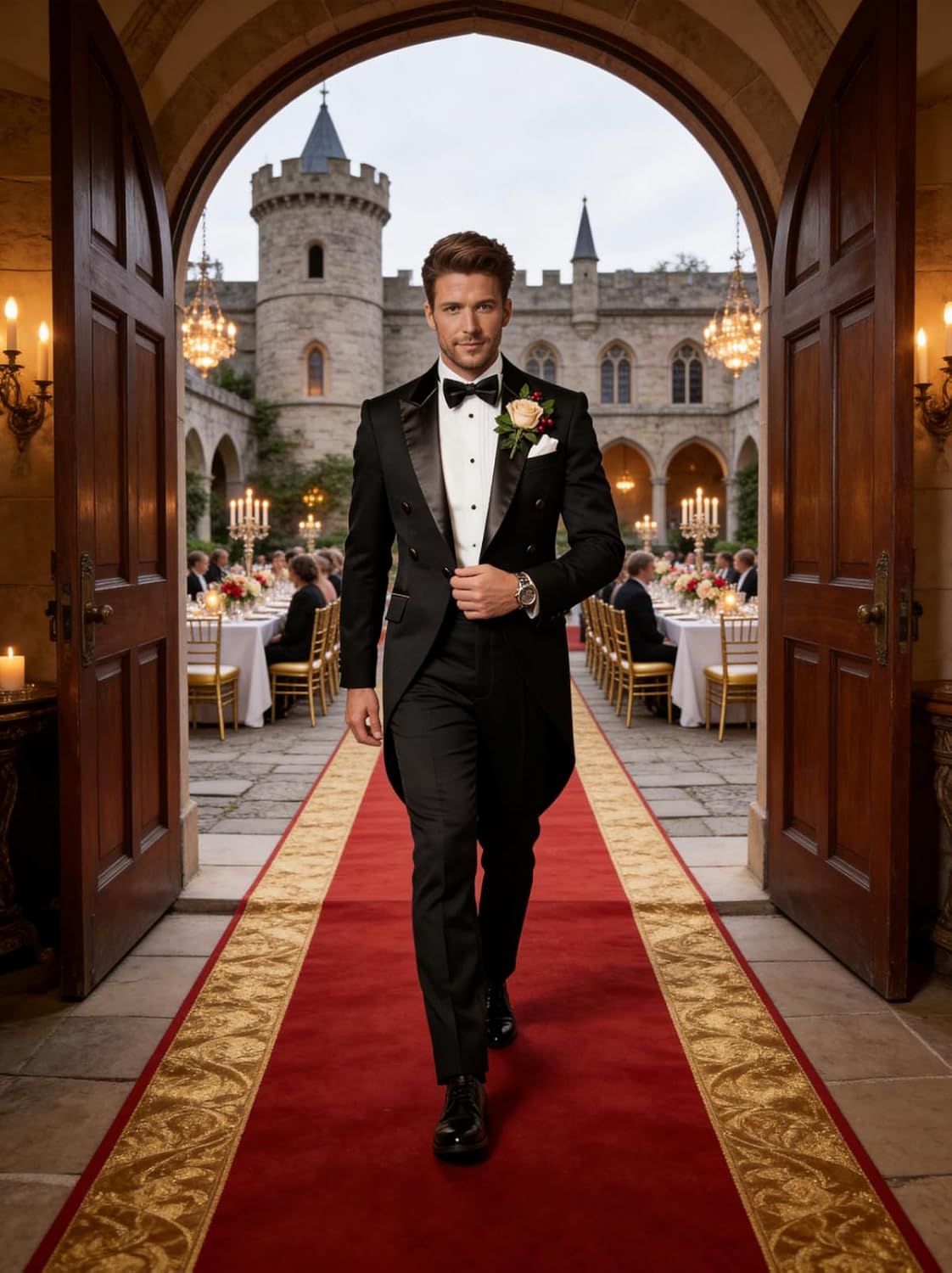 Mens Tailcoat Tuxedo Suit 2 Piece Slim Fit Suit with Black Satin Peak Lapel Double Breasted Formal Wedding Jacket Pants