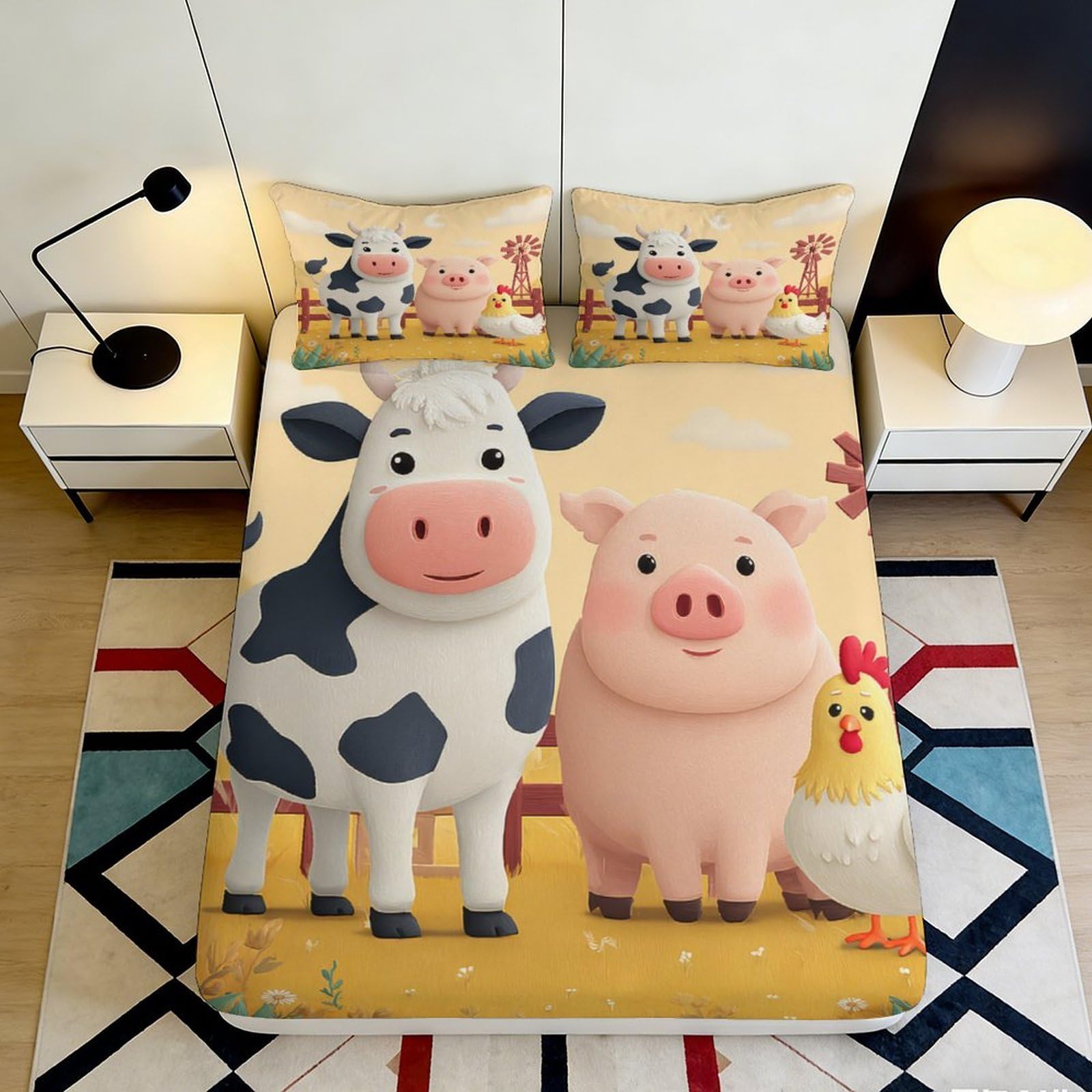 Jqzkxnhpbr Style-4 3D Printed Farm Animal Fitted Sheet Microfiber Soft Non-Slip Pig Cow Chicken Bed Cover For Bedroom Guest Room Decor 90X200x25cm