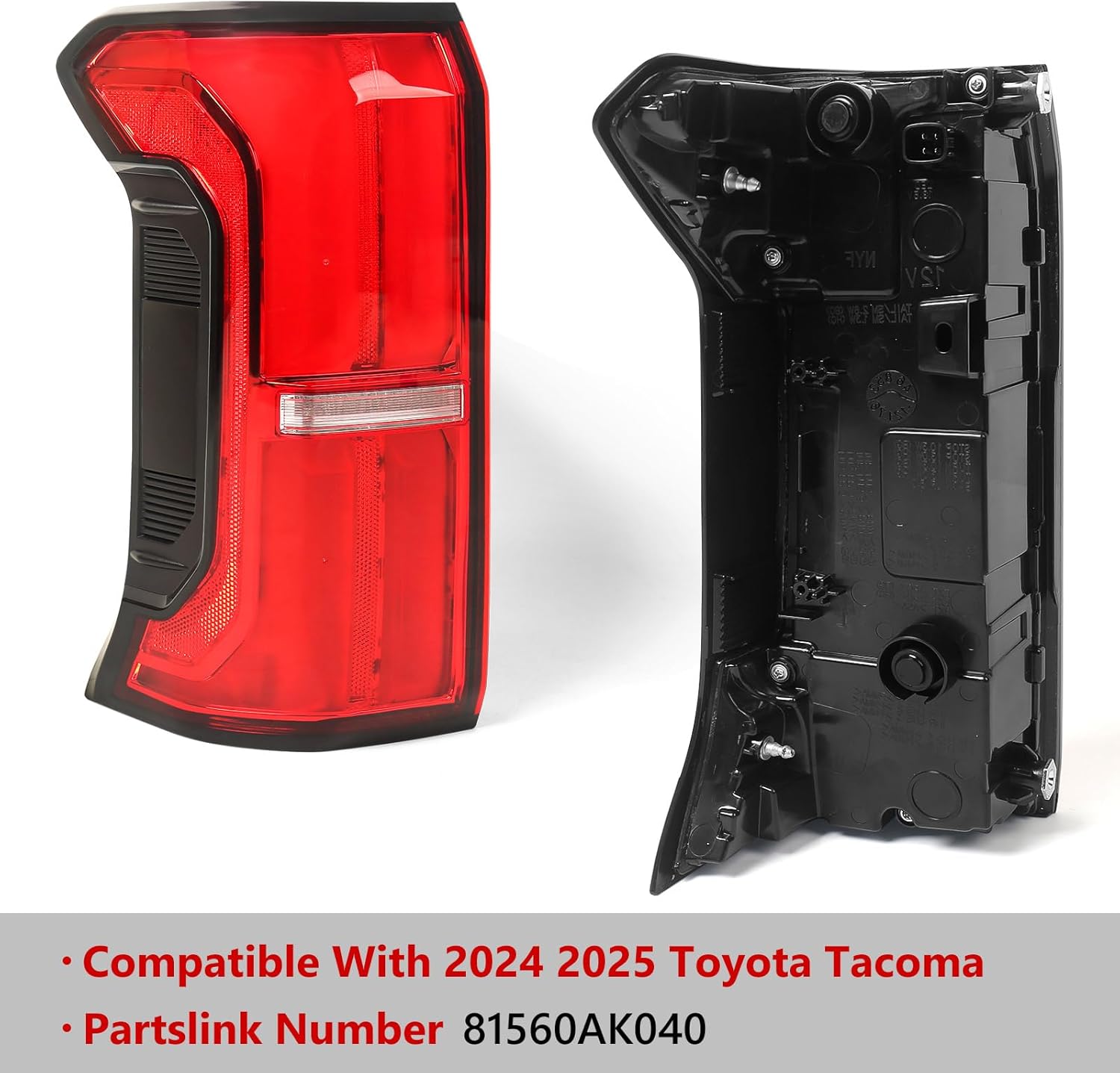 Huray Left Full LED Tail Light Assembly for Toyota Tacoma 2024 2025, LH Taillight w/o Tailgate Switch Rear Brake Lamp w/o Side Marker Light Replacement for 81560-AK040 Driver Side (Chrome)