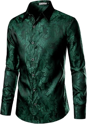 ZEROYAA Camisa de vestir de manga larga con botones de jacquard de cachemira para hombre para fiesta de graduación