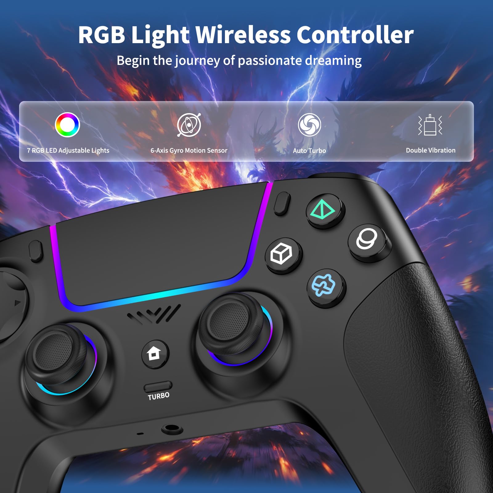 JORREP Manette sans fil pour PS5/Pro/Steam Deck/PC/MAC/iOS/Android10, manette de jeu avec éclairage RVB/double vibration/turbo/programmable/connexion casque/gyroscope 6 axes/batterie 1500 mAh