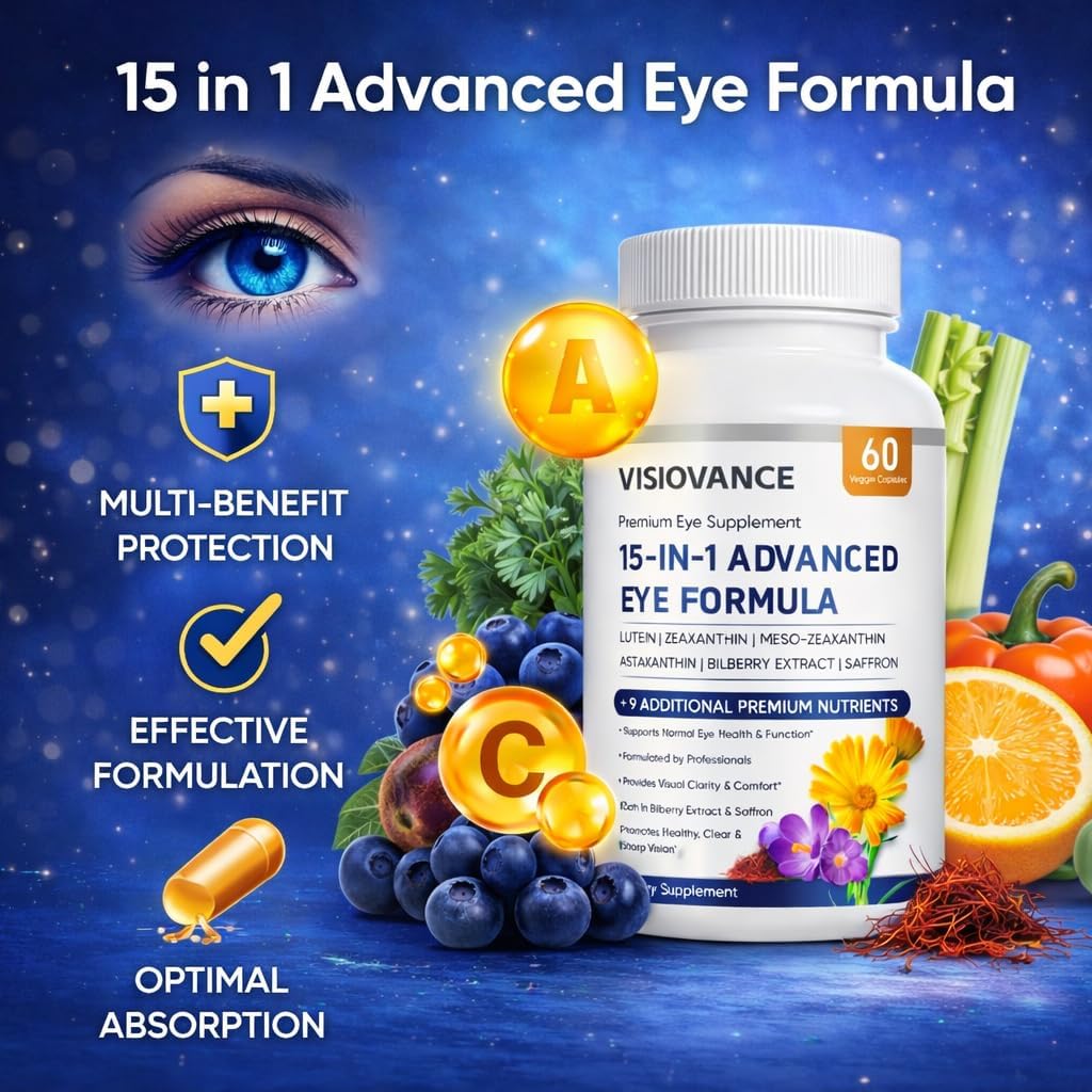 15 in 1 Advanced Eye Formula - Carotenoids, Lutein, Zeaxanthin & Antioxidant Blend, Daily Visual Support Formula for Screen Use & Overall Eye Wellness – 60 Capsules