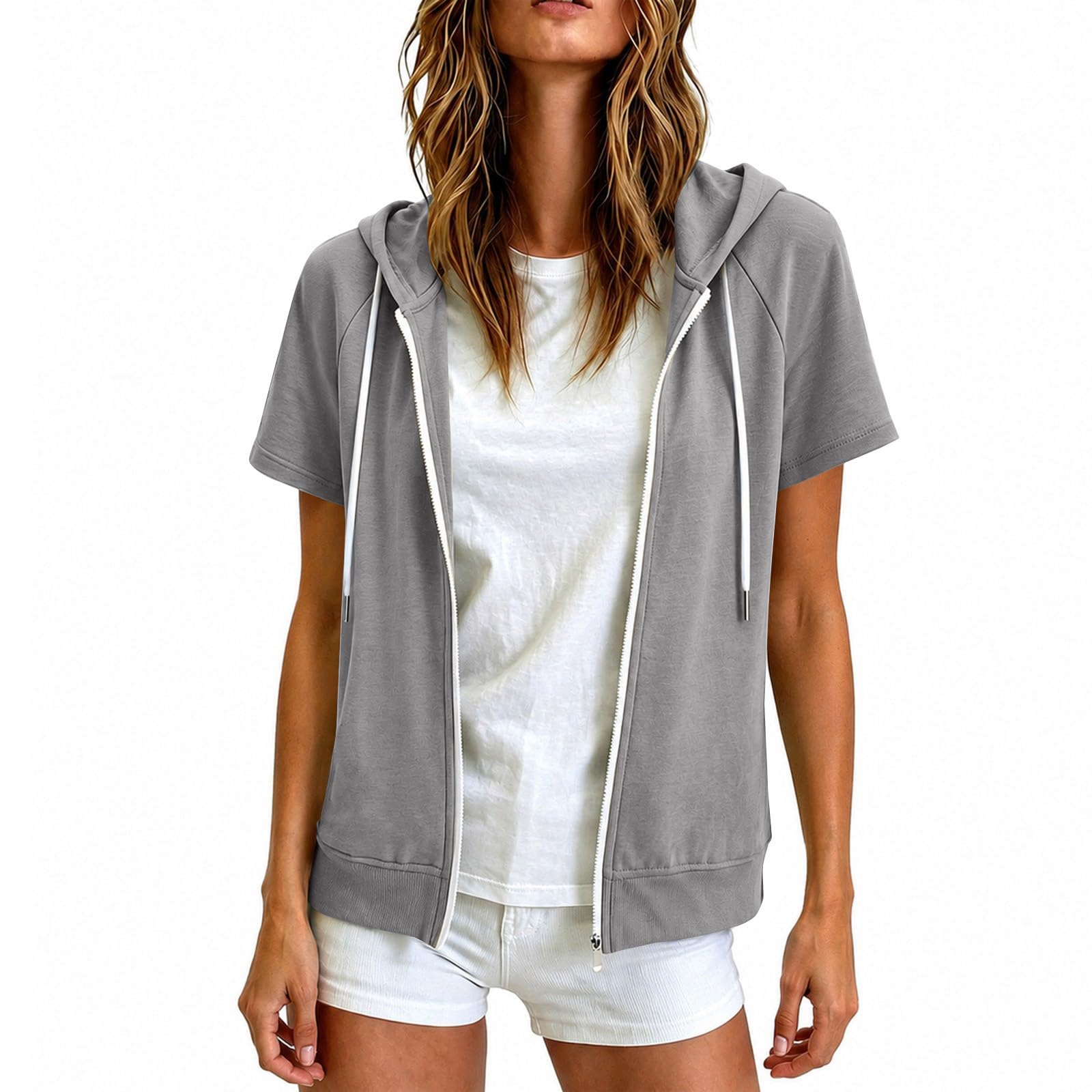 Women Short Sleeve Hoodies Shirt Half Zip Pullover Tops Pockets Sweatshirts