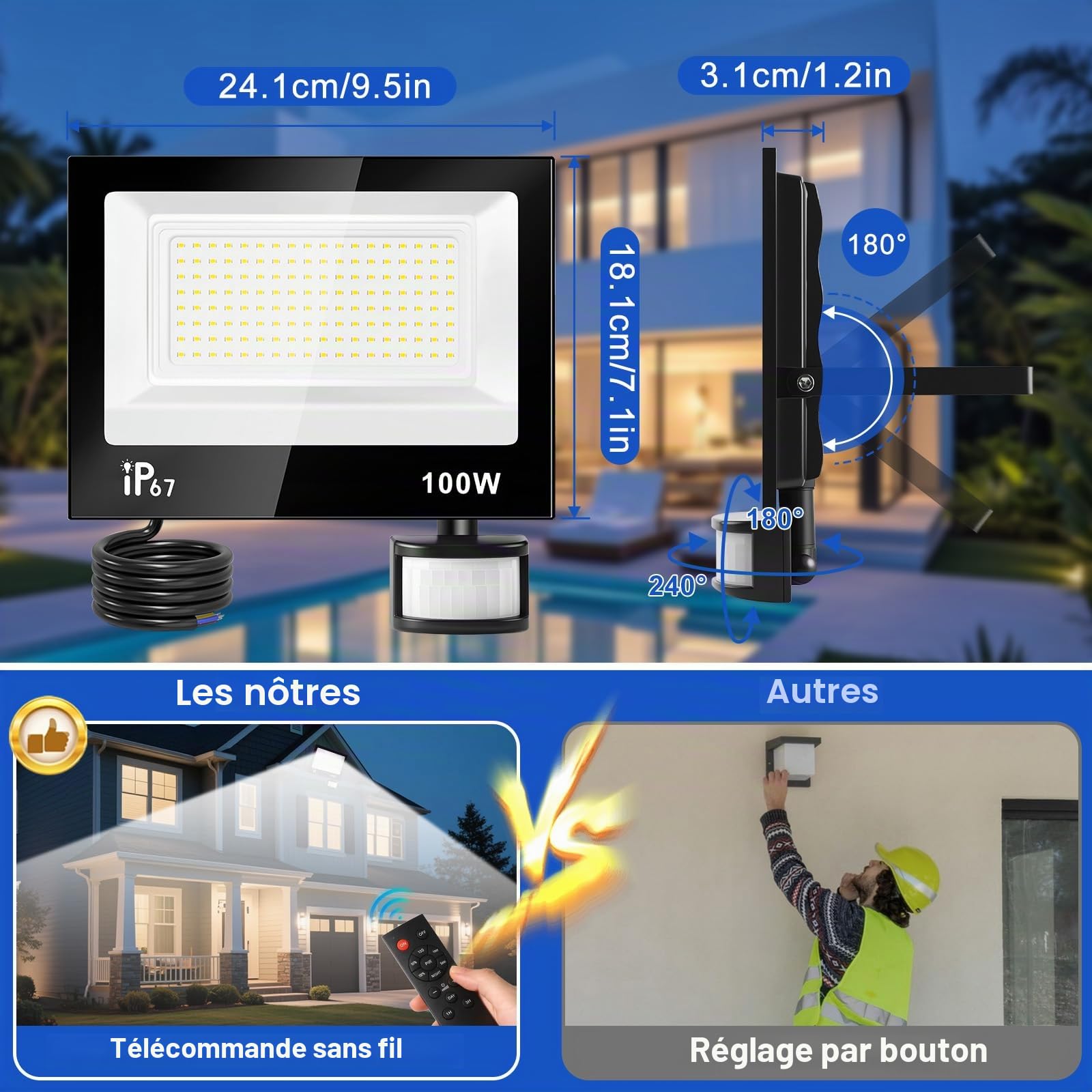 100W Projecteur Led Exterieur Detecteur de Mouvement et Télécommande,Réglables 10 luminosité Spot LED Extérieur,10000LM,7000K Blanc Froid IP67 Etanche Eclairage Exterieur pour Jardin,Garage