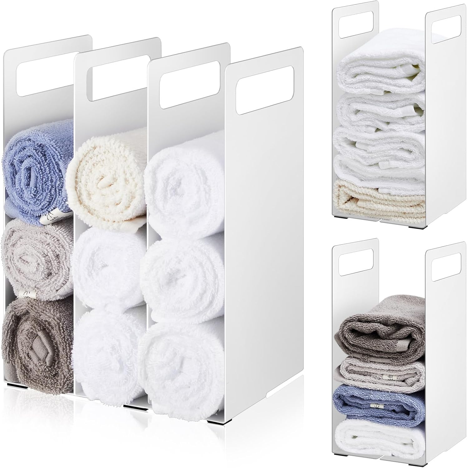 LEIFIDE Set of 4 Interlocking Towel Organizer Metal Bathroom Towel Storage Rack Shelf Dividers Organizers for Closet Home Space Saving (White)