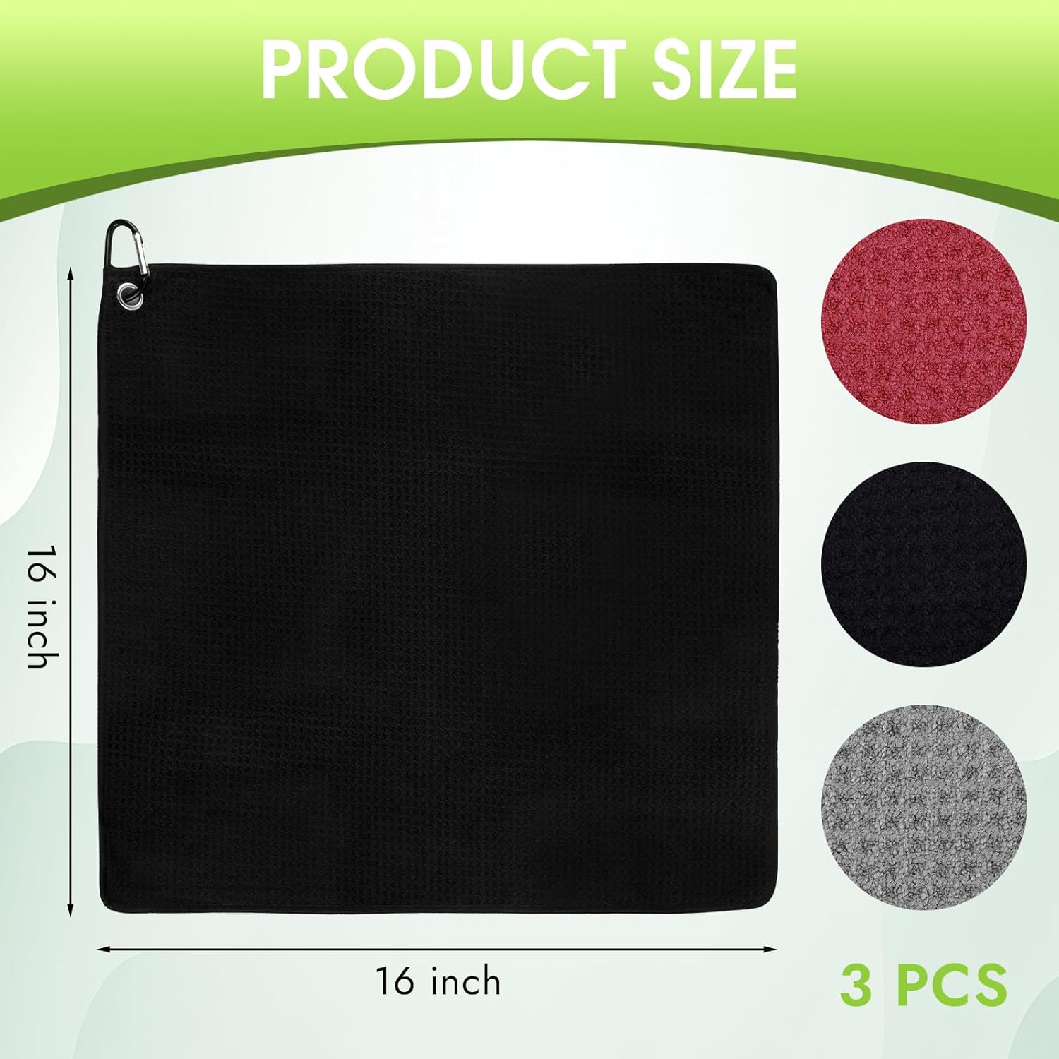 PEASUG 3 Pack Golf Towels (16" x 16"), Absorbent Waffle Pattern Golf Towel for Golf Bag, Tri-Fold Portable Microfiber Golf Towels for Men & Women with Carabiner Clip, Gray/Red/Black - Image 2
