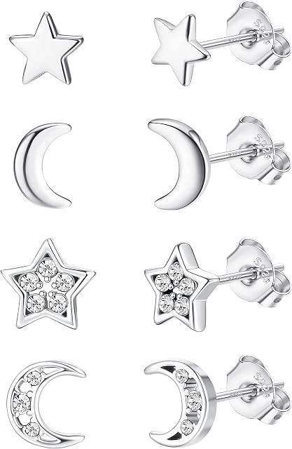 CASSIECA 4 Pairs 925 Sterling Sliver Stud Earrings Hypoallergenic Earrings Set Tiny Small Earrings Cubic Zirconia Studs Earrings Moon And Stars Earrings For Women Girls Kids Cartilage Earrings