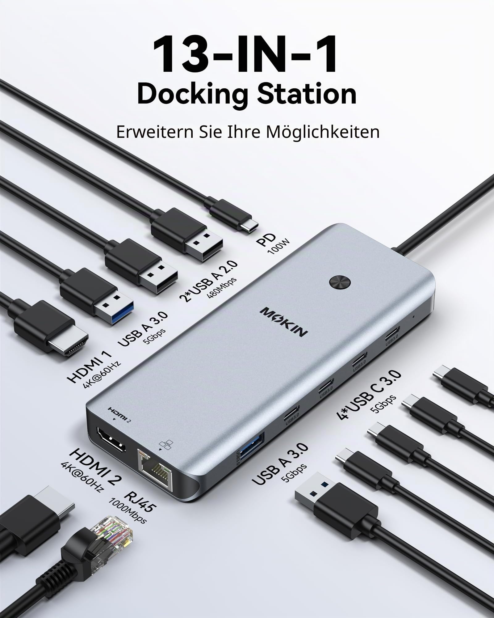 Laptop Docking Station Dual Monitor, USB C Hub mit 2 HDMI, RJ45 Ethernet, 5 Gbps USB C/A, 100W PD für Dell/HP/Lenovo - MOKiN