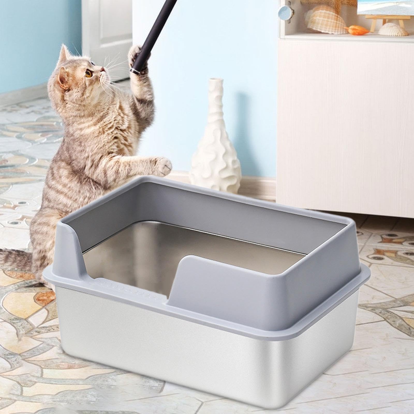 Bandeja Sanitaria de Acero Inoxidable para Gatos con Estructura Simple Y Ligera, Adecuada para La Limpieza Diaria en El Hogar con Mascotas, L Gris