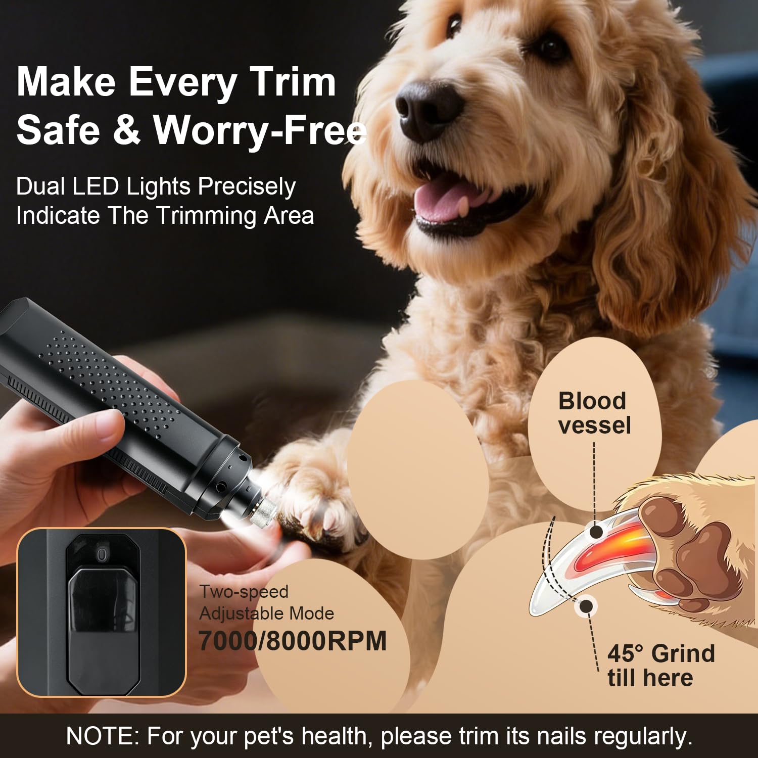 Broyeur à ongles pour chien, tondeuse à ongles portable pour chiens, outil de toilettage électrique silencieux