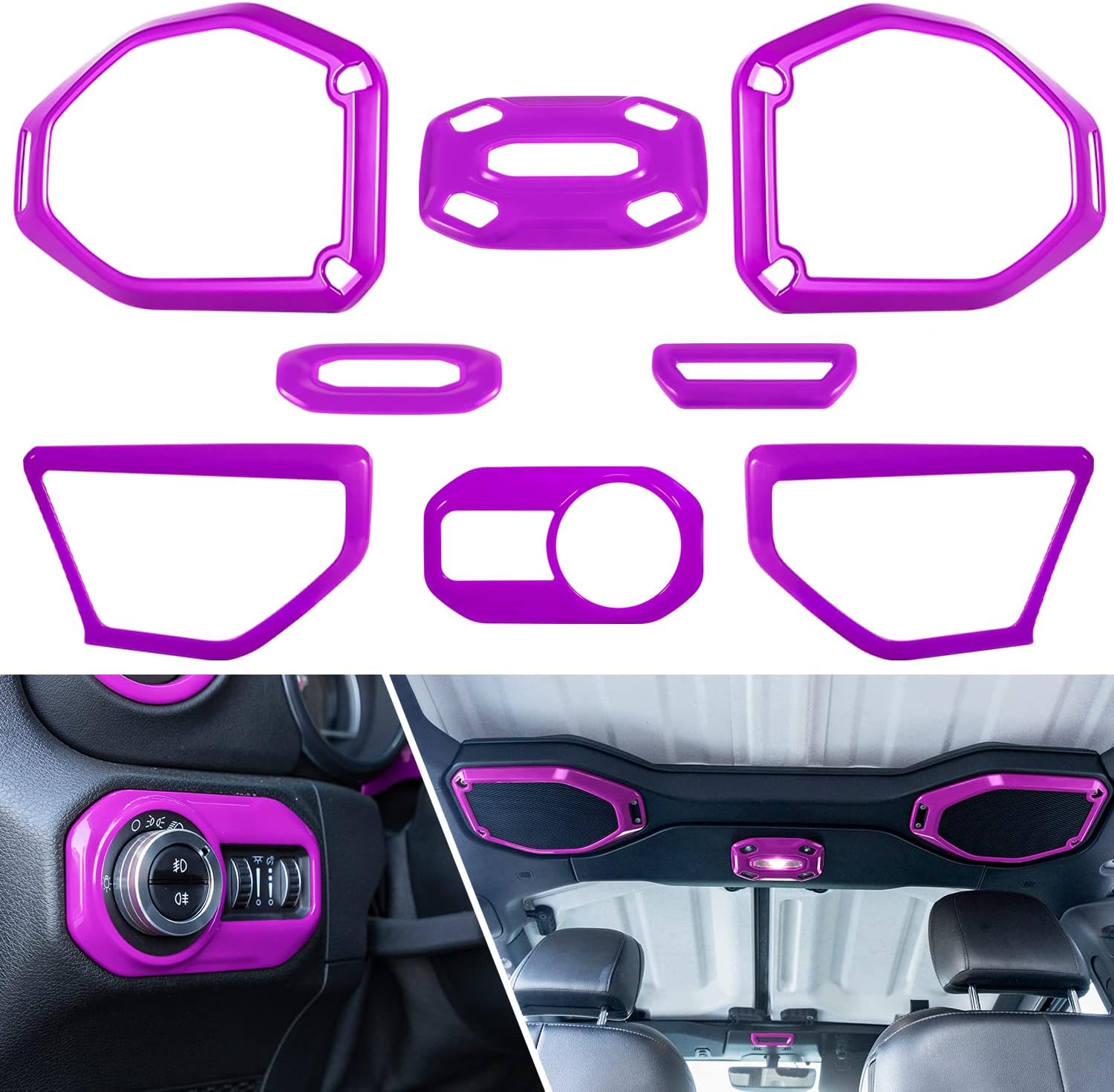 Bonbo 8PCS Interior Accessories A Pillar Speaker Reading Light Headlight Switch Roof Speaker Trim for 2018-2021 Jeep Wrangler JL JLU Sports Sahara Freedom Rubicon Unlimited Gladiator JT (Purple)