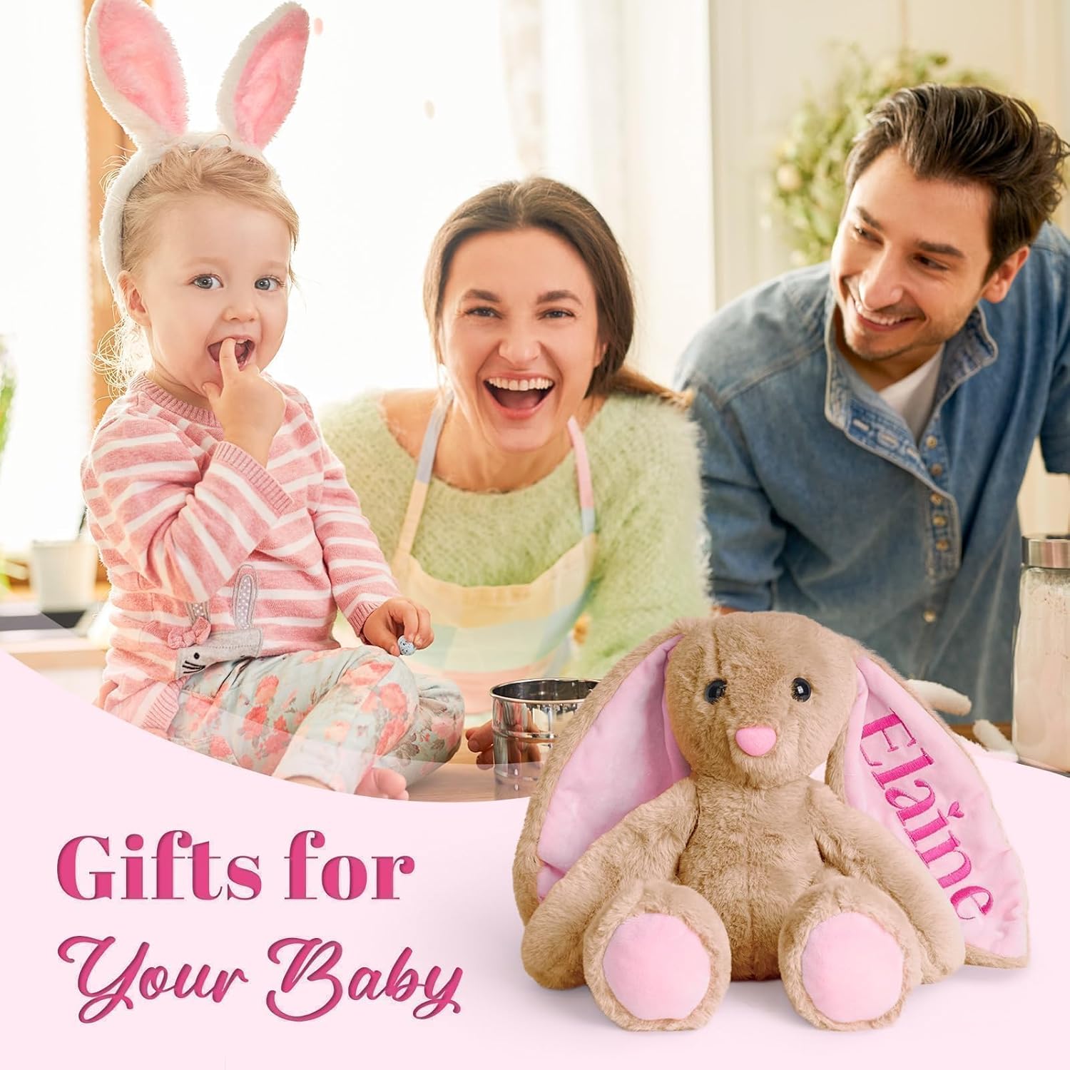 Personalized Bunny Stuffed Animal - Custom Name Embroidered Plush Rabbit, Soft Pink Plush Gift for Baby Girls, Newborn Shower, Birthday Gift for 1-5 Year Old Girl (Pink, 10/13/16 Inch)