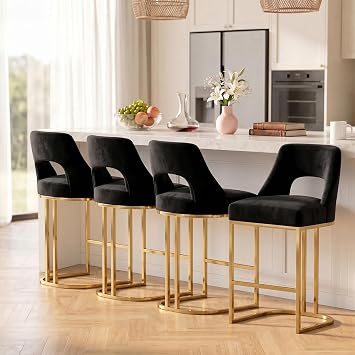 UVV Bar Stools Set of 4, Velvet Upholstered Counter Height Bar Stools with Gold Metal Legs Barstools for Bar Kitchen Island Dining Room, Black