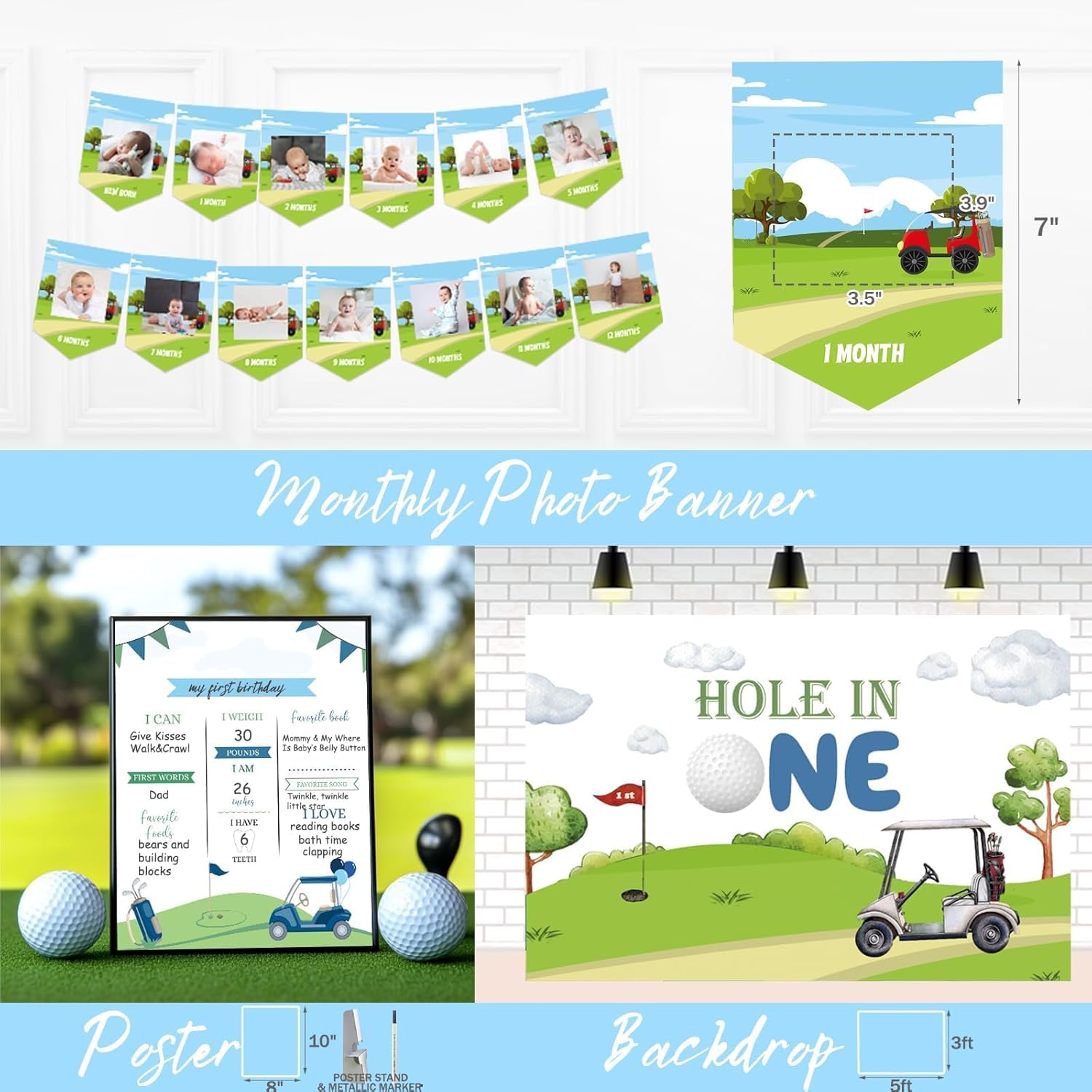 Hole In One First Birthday Decorations, Golf Themed Party Kit with Backdrop, Banner, Tablecloth, Cake & Cupcake Toppers, Balloons, Cutouts, Crown, Poster for One Year Old Birthday Boy