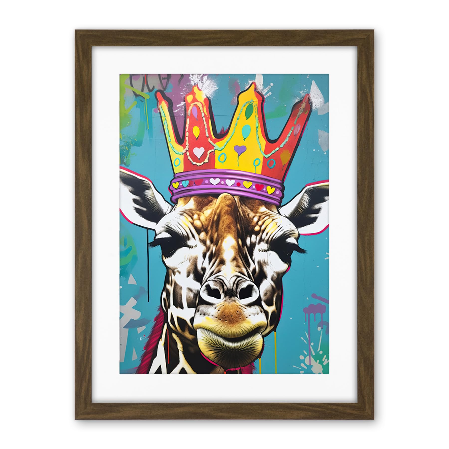 Artery8 Giraffe With Queen Birthday Crown Modern Pop Art Artwork Framed Wall Art Print 18X24 Inch