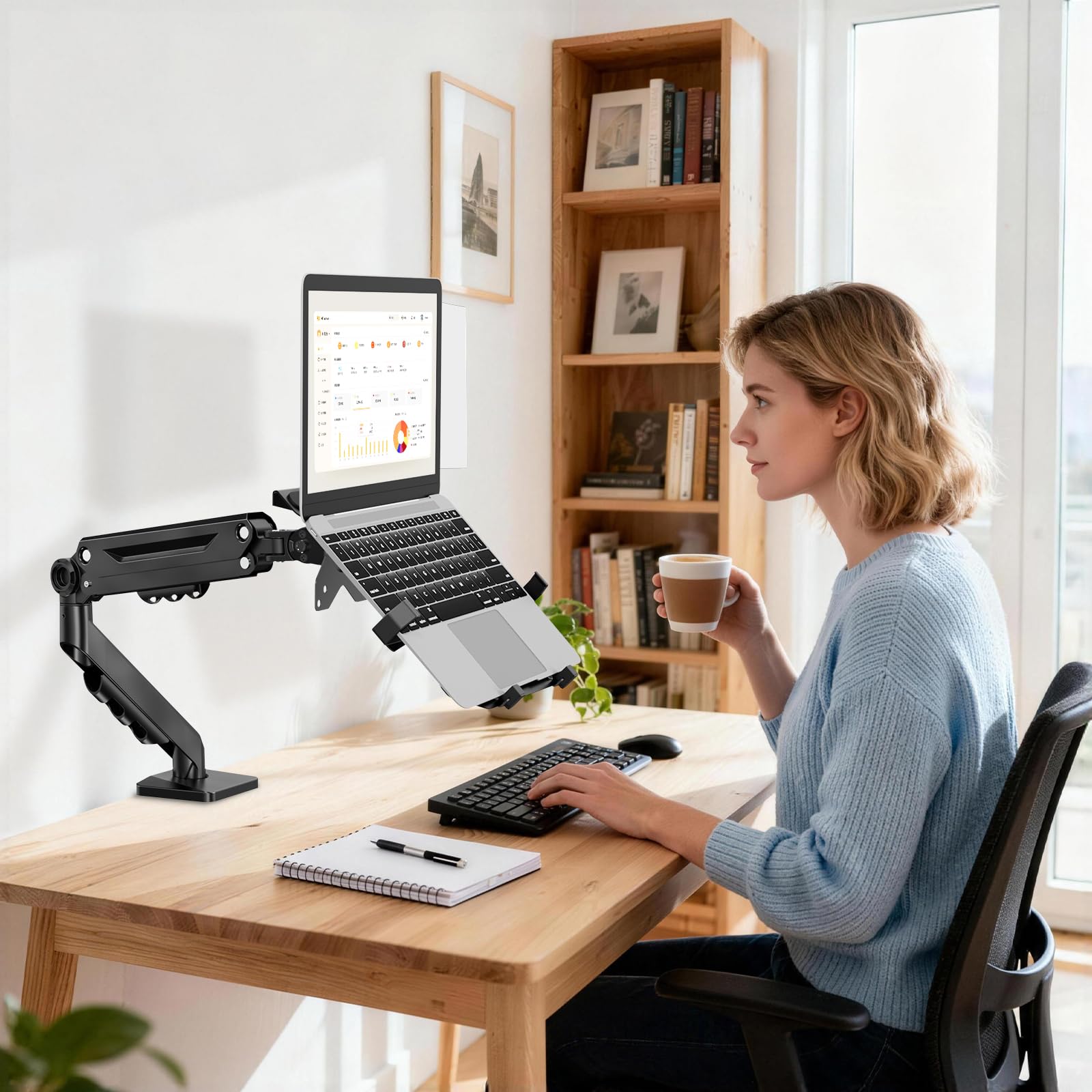 PUTORSEN Uchwyt na biurko do laptopa - pasuje do maksymalnie 18-calowego notebooka i 40-calowego ekranu komputera, uchwyt na monitor 2w1 z regulowanym tacą na laptopa, uchwyt do 26,5 kg