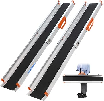 Ruedamann 7FT Adjustable Wheelchair Ramp with Handle, 8.3" Wider Telescoping Portable Ramps for Wheelchairs, Non-Skid Lightweight Aluminum Ramps for Stairs, Scooters, 600 Lbs Capacity, 2Pcs