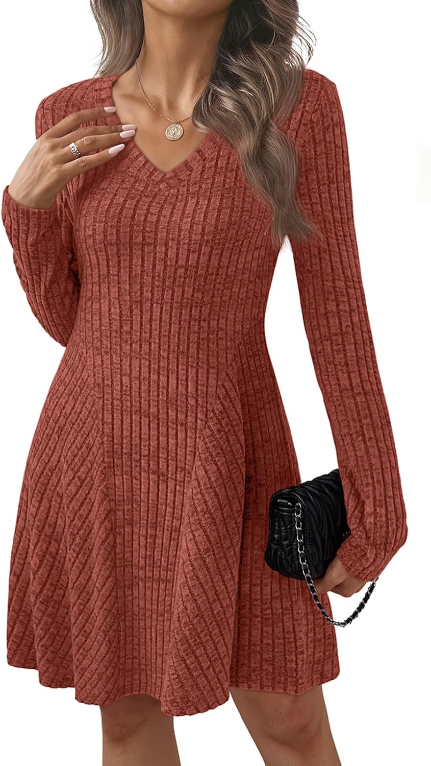 AUTOMET Womens Sweater Dresses Winter Long Sleeve Fall Fashion 2025 V Neck A-Line Flowy Mini Casual Dress Comfy Work Clothes
