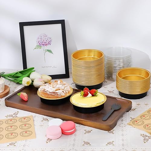 Miniatura 6 de ALEXPRE 50 mini latas para tartas con tapas, moldes de aluminio de 4 pulgadas y 8 onzas, mini moldes desechables individuales para tartas, moldes