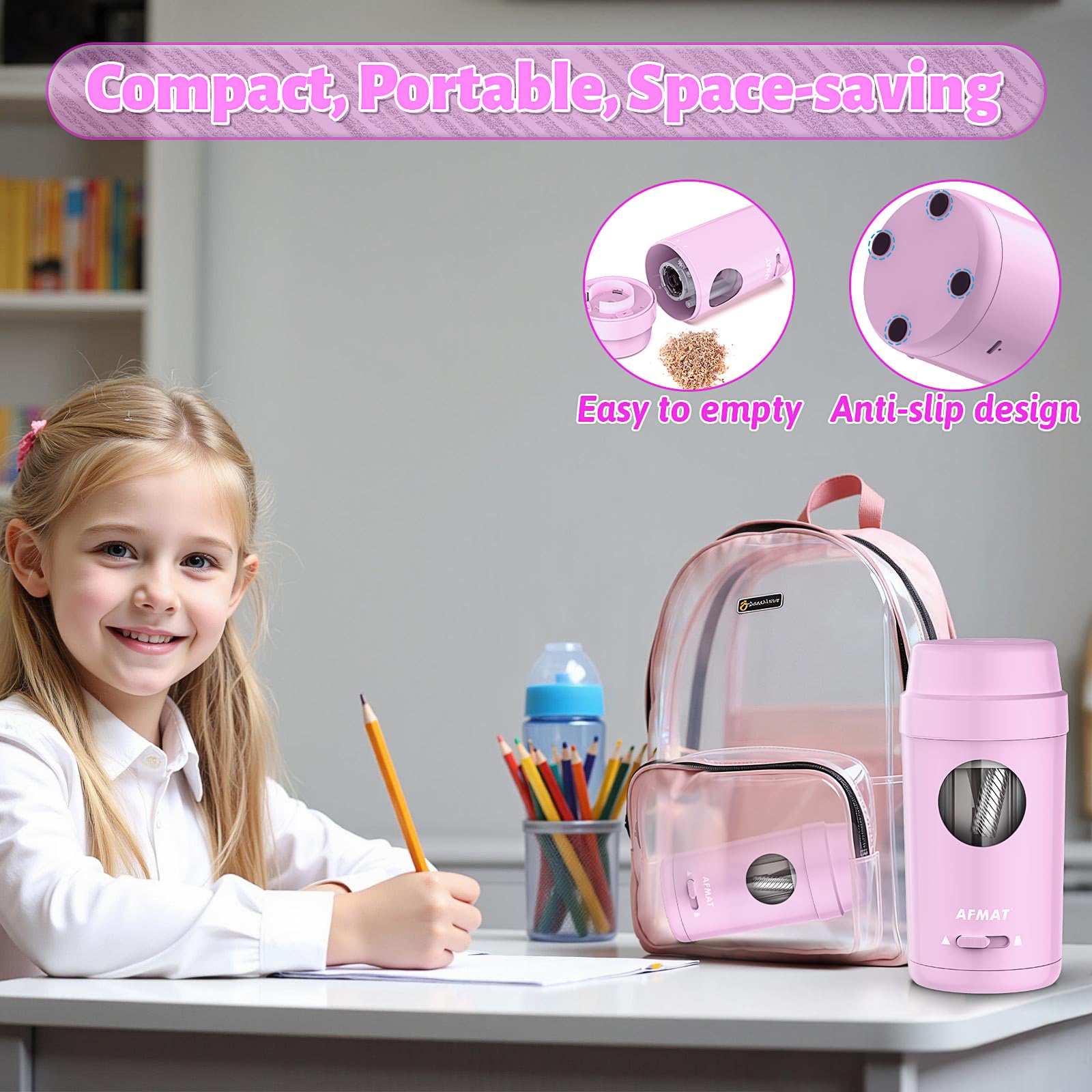 AFMAT Temperamatite elettrico completamente automatico, temperamatite elettrico con contenitore per matite da 7-8 mm, ricaricabile e portatile, grazioso temperamatite da scrivania per bambini/artisti
