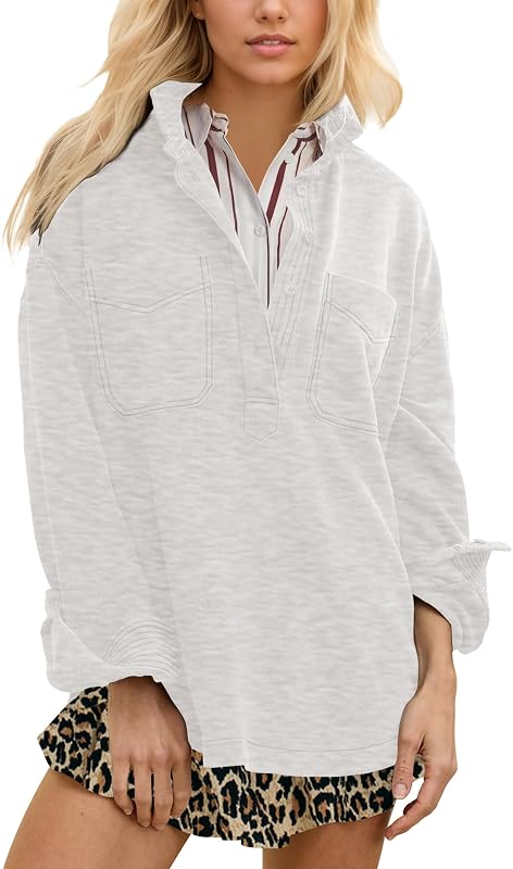 Locachy Women's Oversized Sweatshirt Polo Neck Pullover Top Fall Outfits | Button, Stitching Details, Drop Shoulder, Chest Pockets, Curved Hem, Travel Work Daily Casual Outfit, Fall Fashion Clothes