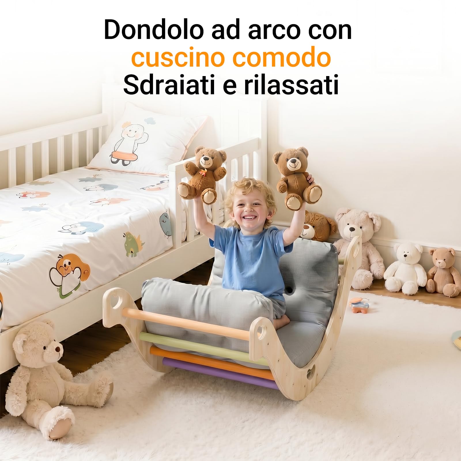 COSYLAND Arco Montessoriano per Bambini in Legno Naturale, Arco Montessori con Cuscino e 8 Maniglie, 4 in 1 Wippe, Scrivania, Giocattolo Educativo per Equilibrio e Motricità (Arcobaleno Classico)