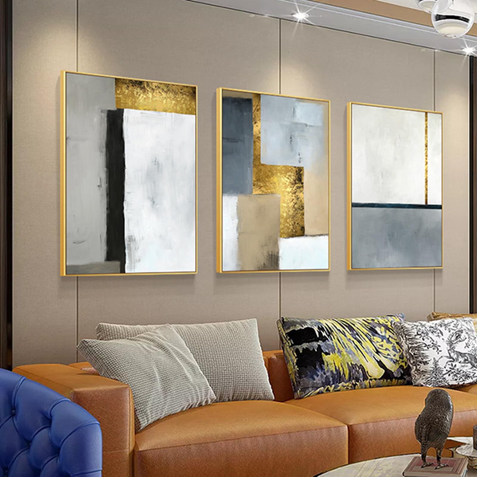 HEHGVCF Juego de 3 cuadros para salón, juego de 3 lienzos dorados y beis, geométricos, 60 x 90 cm, cuadro decorativo para salón, sin marco (B, 50 x 70 cm)