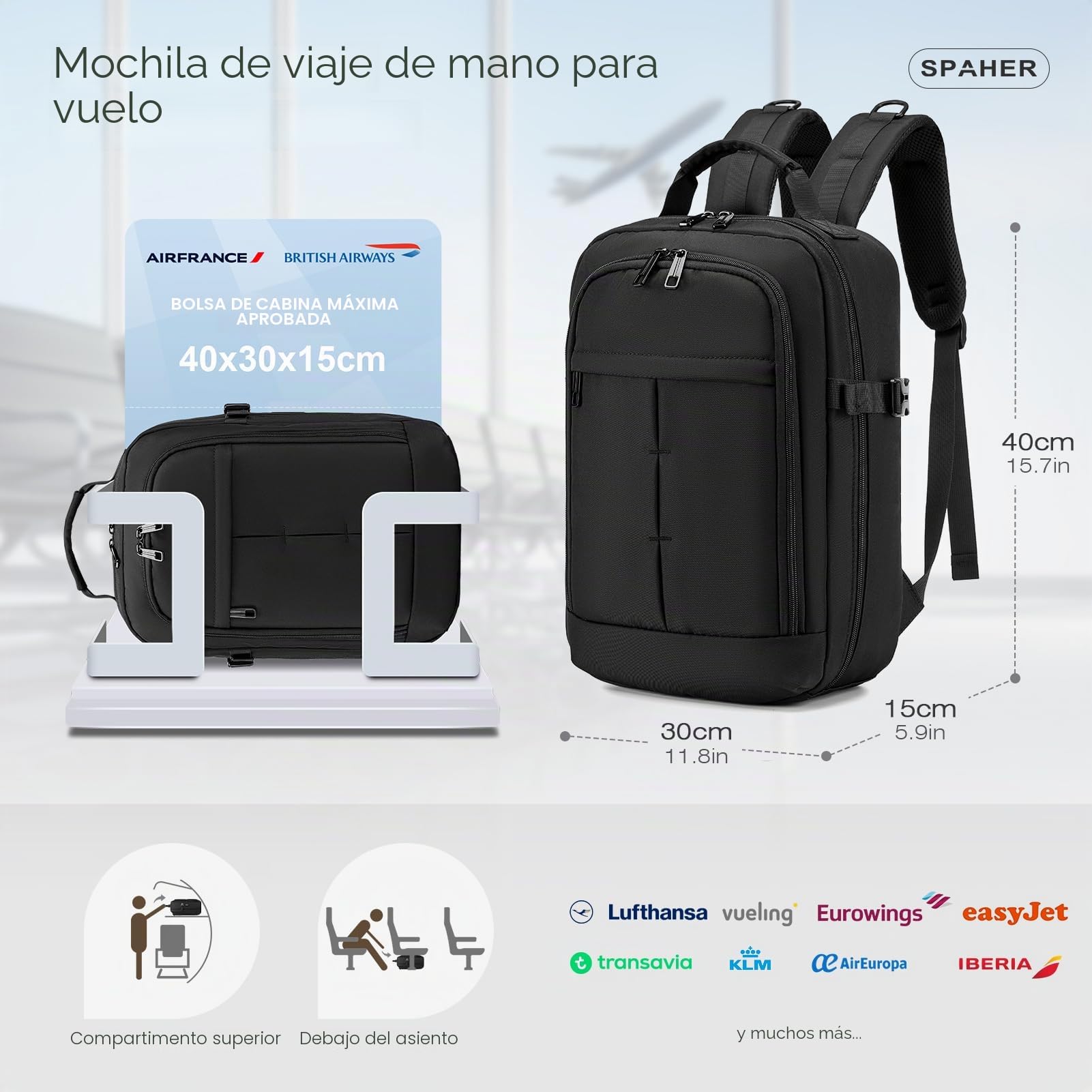 SPAHER Mochila Viaje Cabina Avion 40x30x15 British Airways Mochila Portatil 15,6" Hombre Grande Mochila Escolar Antirrobo Mujer Impermeable Maletas Equipaje de Mano 20L