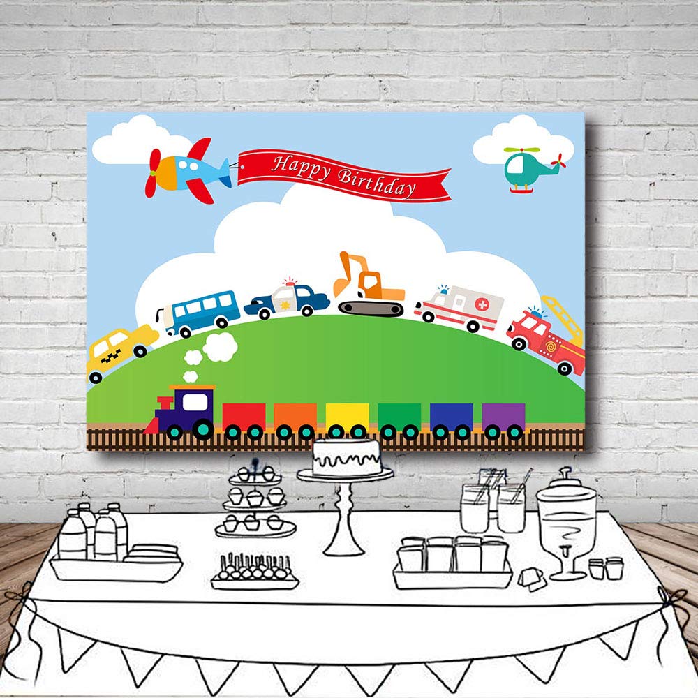 Toile De Fond Anniversaire Garçon 2.1x1.5m - Ciel Bleu Nuages Voitures Train Avion - Thème 1er Anniversaire