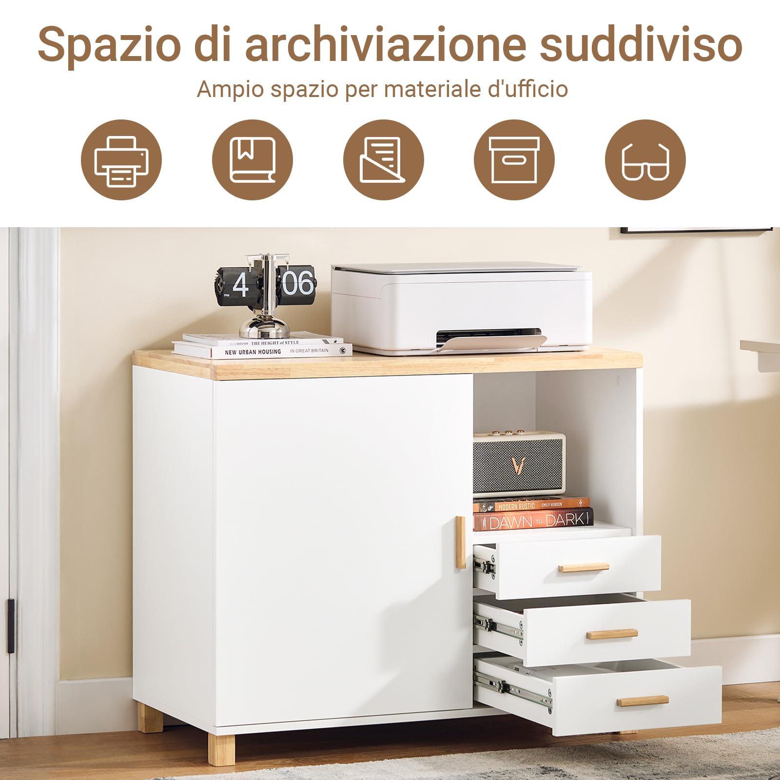 SoBuy Cassettiera Ufficio Mobiletto Salvaspazio con 3 Cassetti e 1 Vano Aperto Supporto Stampante Schedario da Ufficio Cassettiera da Scrivania Bianco e Naturale 90x45x75cm ASK07-WN