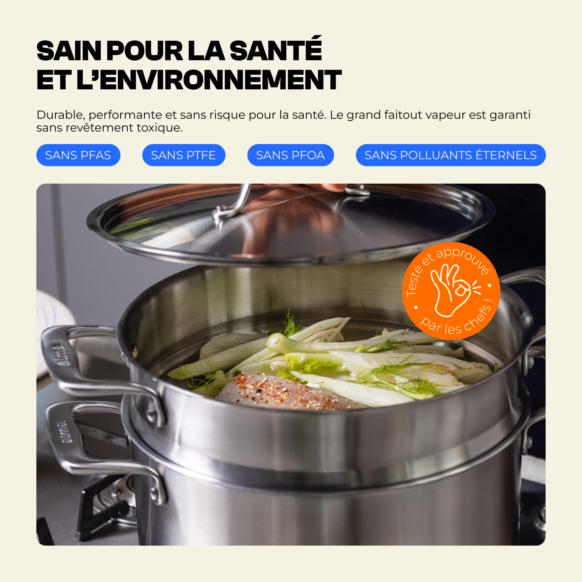 Atma – Faitout Inox 3 Plis 24 cm (6 L) avec Panier Vapeur – Cuisson Homogène – Sans PFAS, PFOA, PTFE – Tous Feux dont Induction & Four – Fabriqué en France – Garantie à Vie