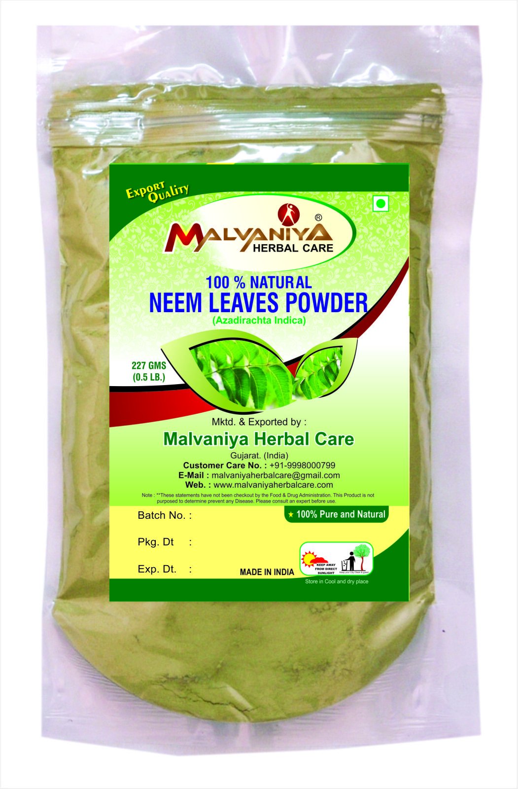 Organic 100% Natural Pure Neem Powder for Face pack / Face mask good result (227grams)