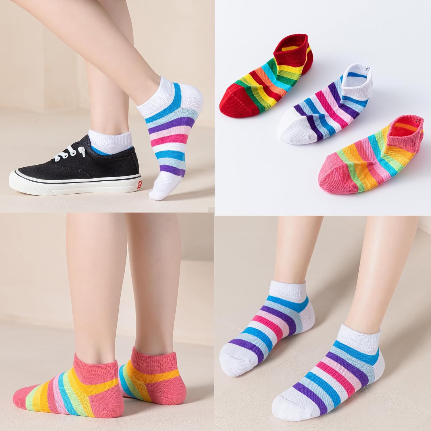 Girls No Show Seamless Socks Rainbow Cotton Stripes Socks Kids Low Cut Athletic Socks For School - Image 4