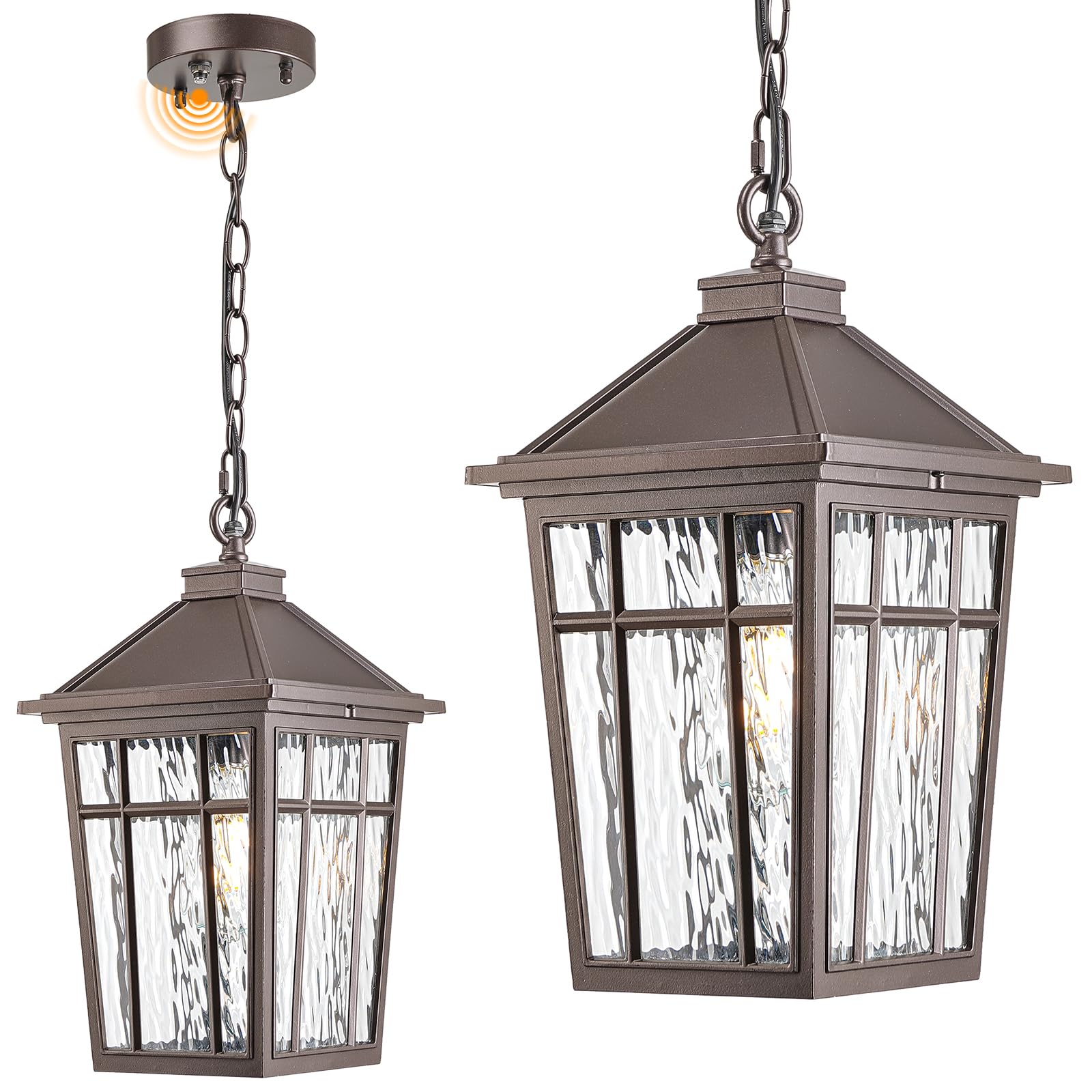 Dusk to Dawn Outdoor Hanging Lantern Lights 15.2 Inch Large Porch Pendant Lights for House Doorway Aluminum Waterproof Outdoor Pendant Light with Water Ripple Glass E26 Socket
