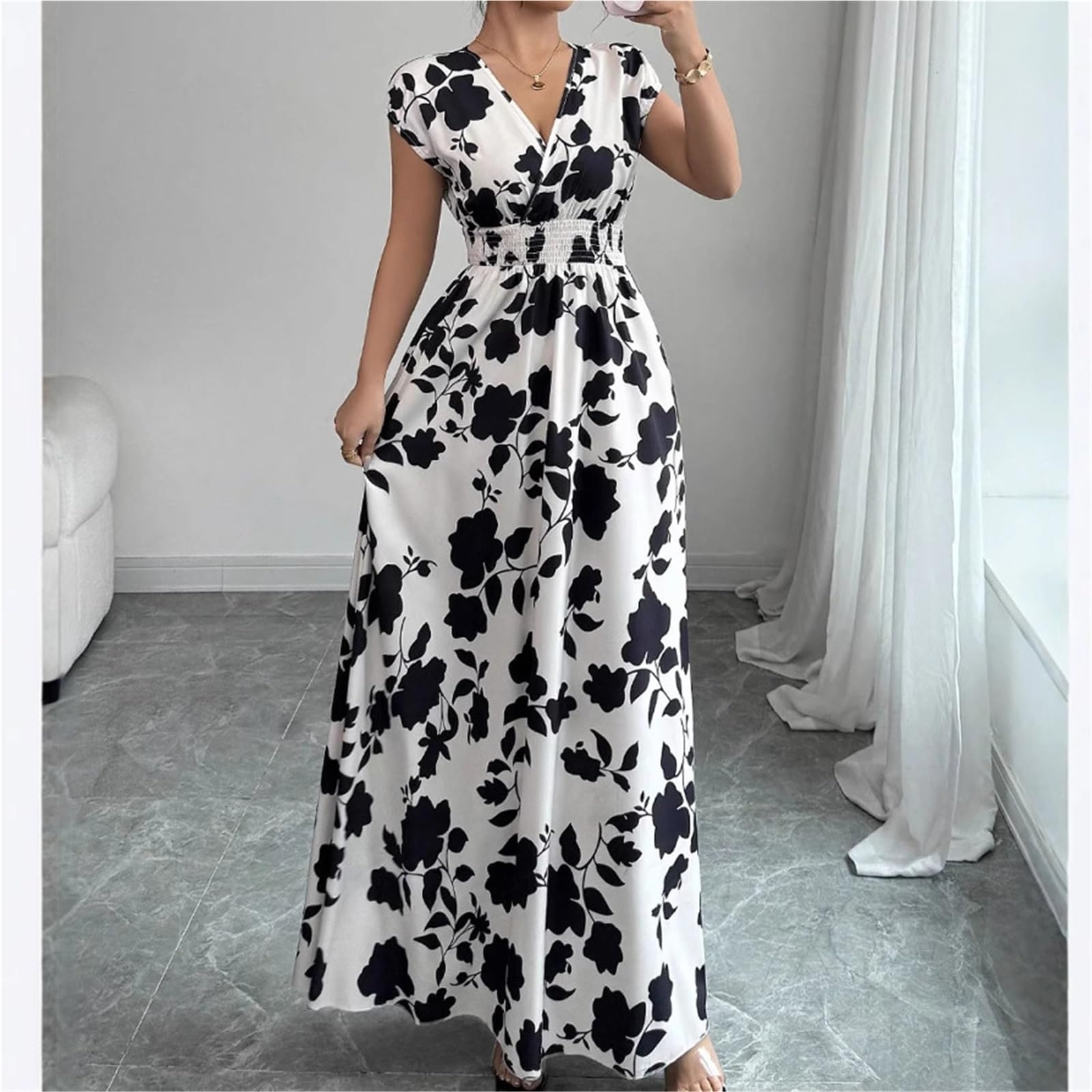Vestido de Playa Verano for Mujer, Cuello en V, Manga Corta, Estampado Plantas, Moda Sencilla, Vacaciones, Informal, Largo