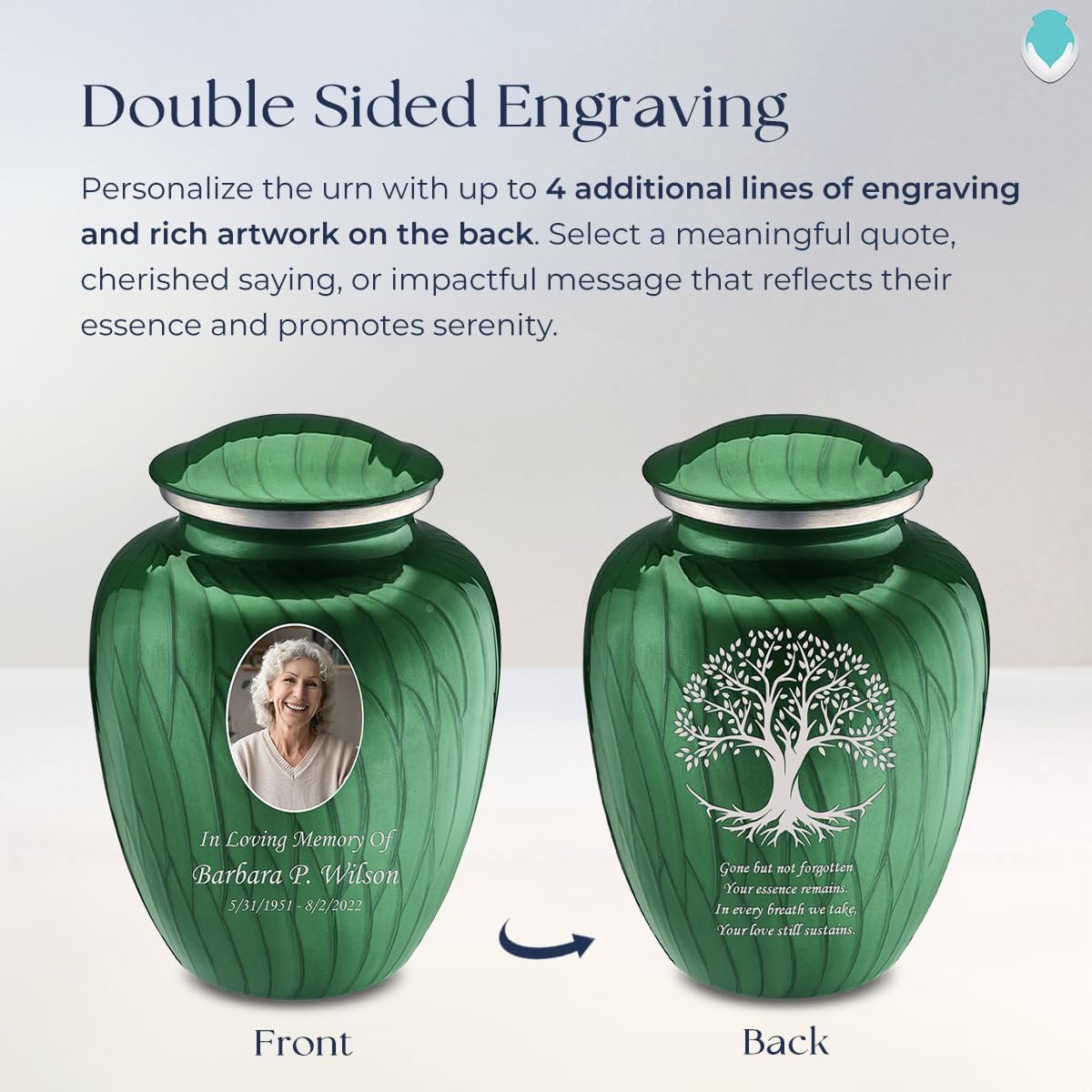 Geturns Embrace Adult Personalized Tree of Life Cremation Urns for Human Ashes I Large Picture Pearl Green Funeral Urn for Adult Men and Women with Double Side Engraving I 200 lbs