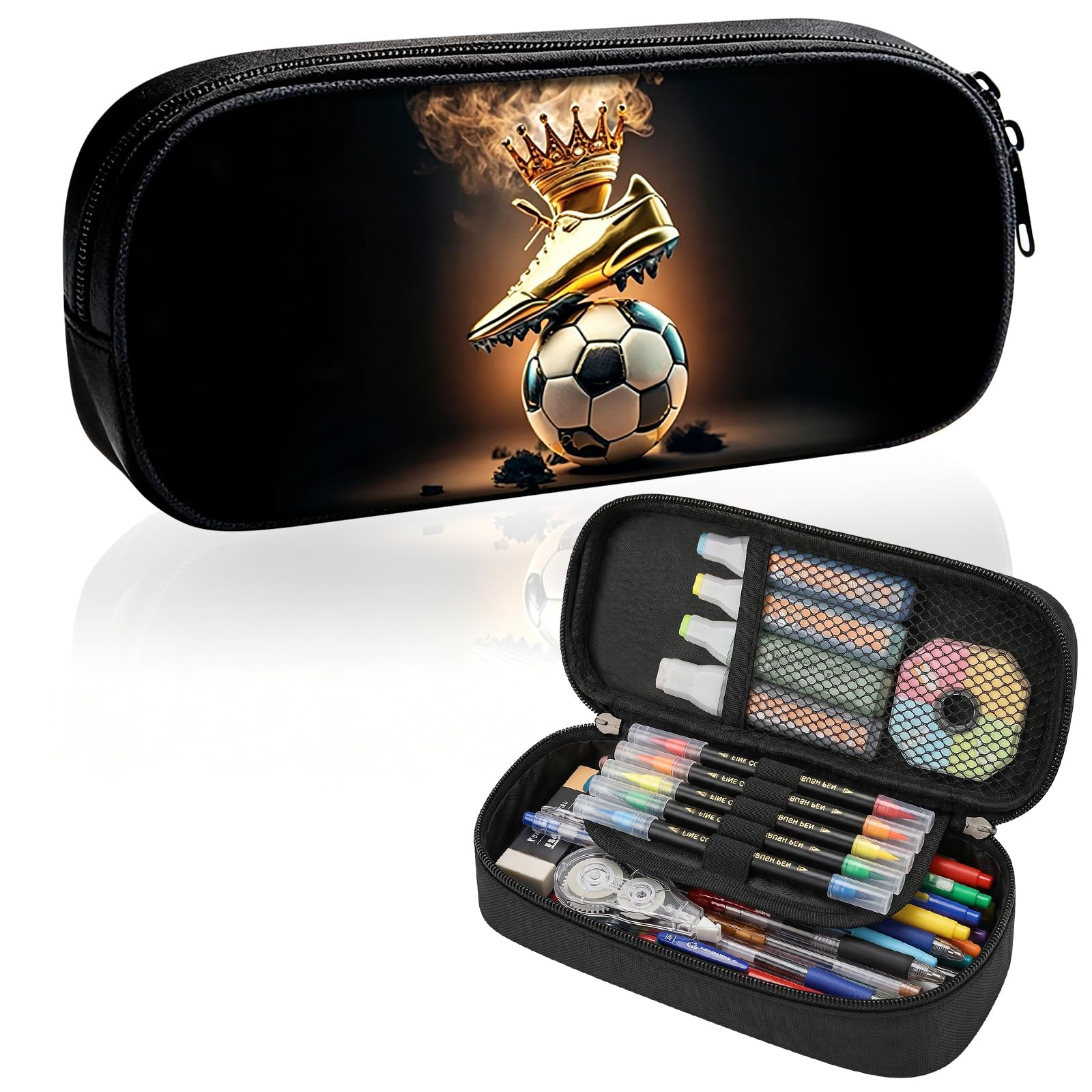 Trousse pour garçons, Trousse de Football pour l'école Primaire et Le collège, Grande à 2 Compartiments avec Porte-Crayons à l'intérieur, pour Enfants, Adolescents (Soulier d'or)