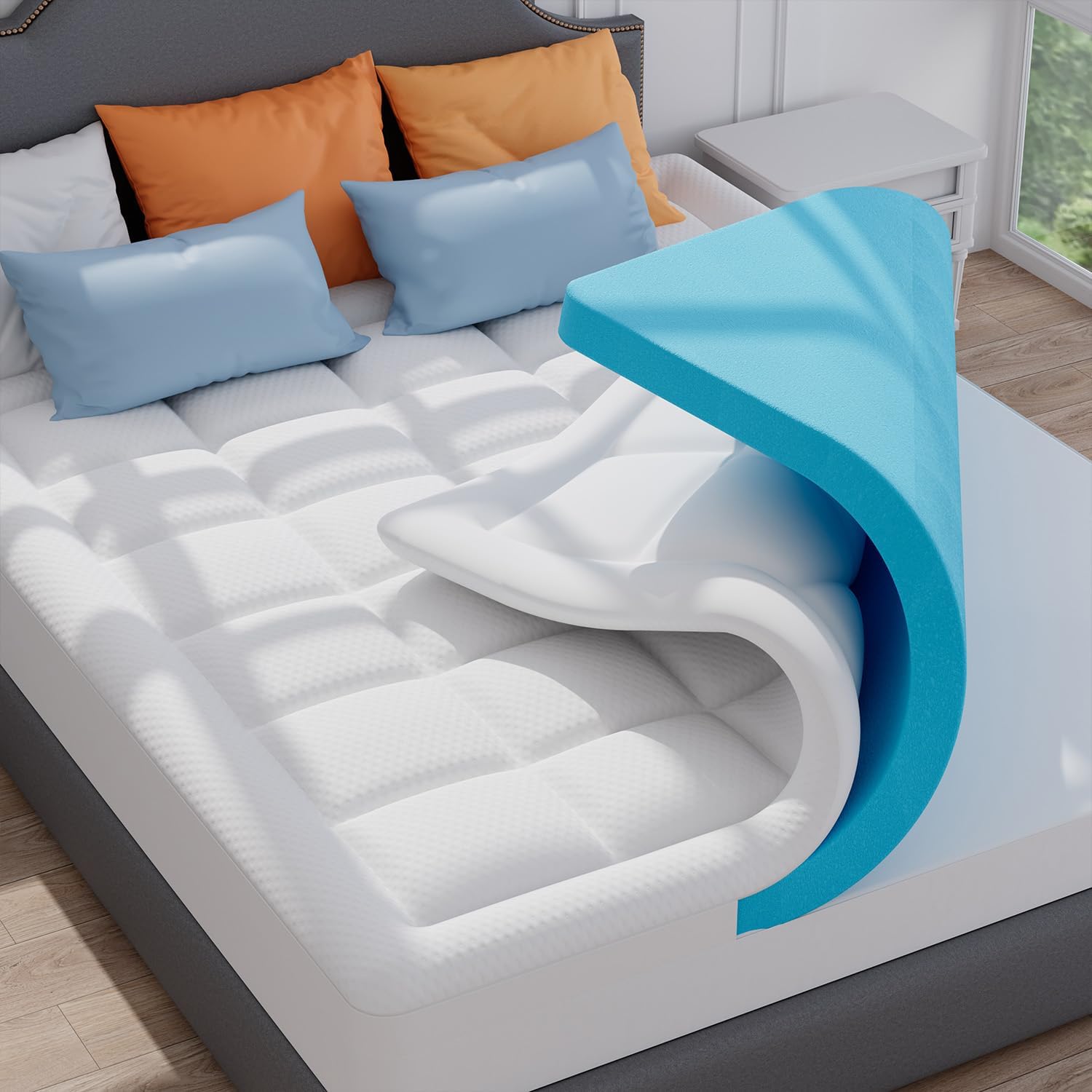 ELEMUSE Dual-layer Memory Foam Mattress Topper with Bamboo Pillow Top Cover for Back Pain Relief, with OEKO-TEX & CertiPUR-US (Single 90x190cm,7cm)