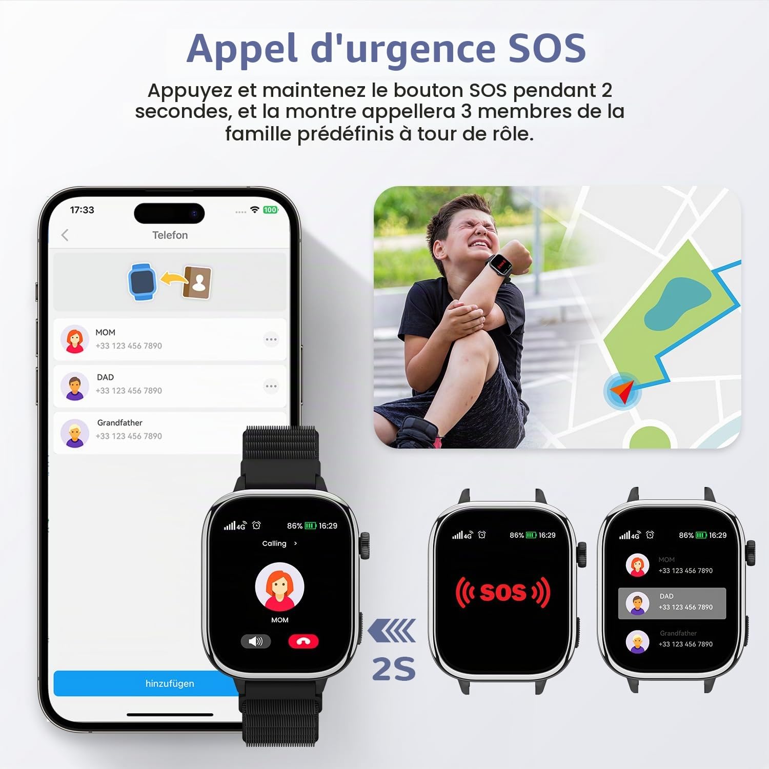 4G Montre Connectée Enfant avec GPS et Visiophonie, Smartwatch Enfants avec Appels, Chat Vocal, SOS, Mode École, Étanchéité IP68, Podomètre, Réveil, Cadeau pour Filles et Garçons de 4 à 15, Noir