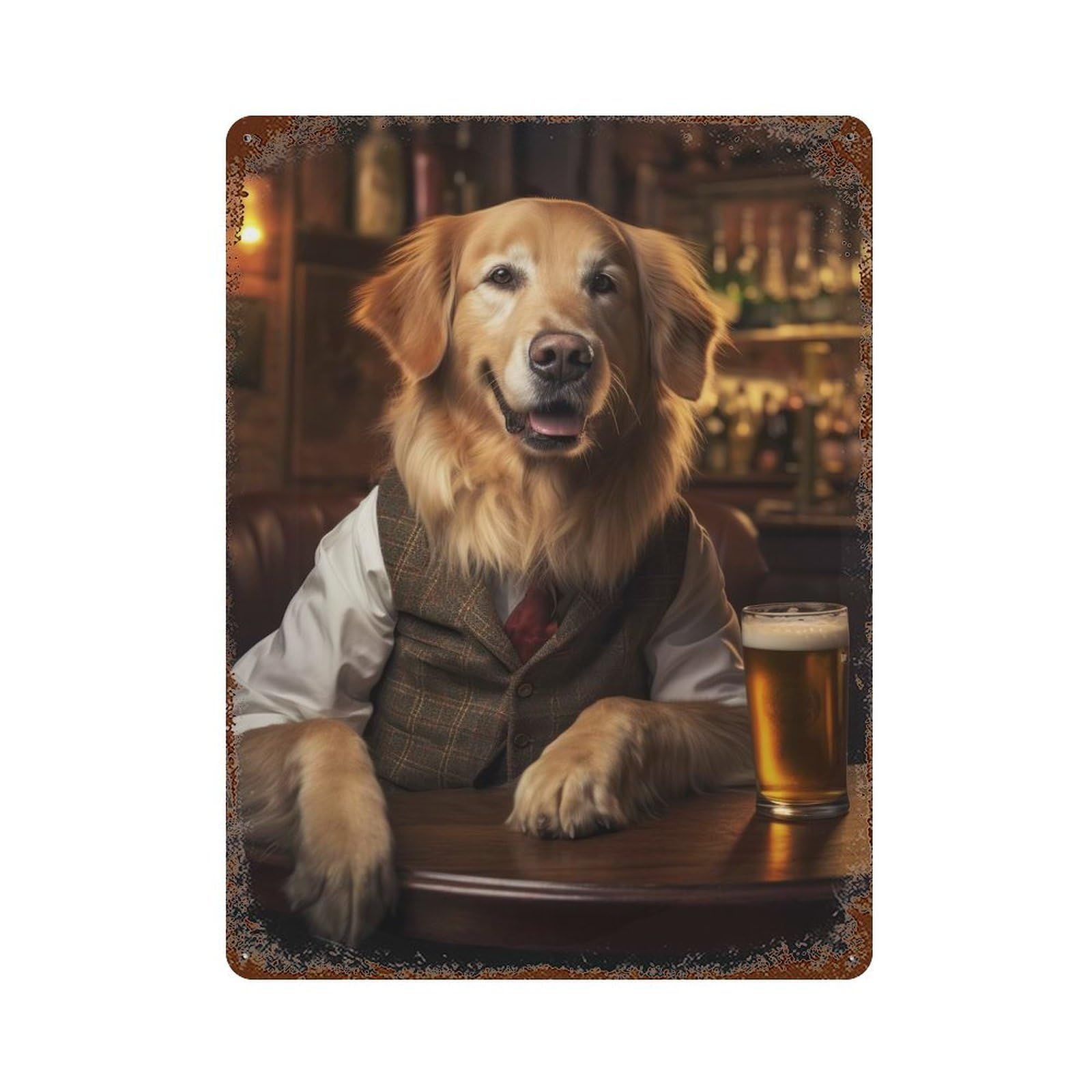 Golden Retriever at Bar Rusty Metal Tin Sign 15.7"x11.8", Ideal for Patio, Garden Room And Bar Decor