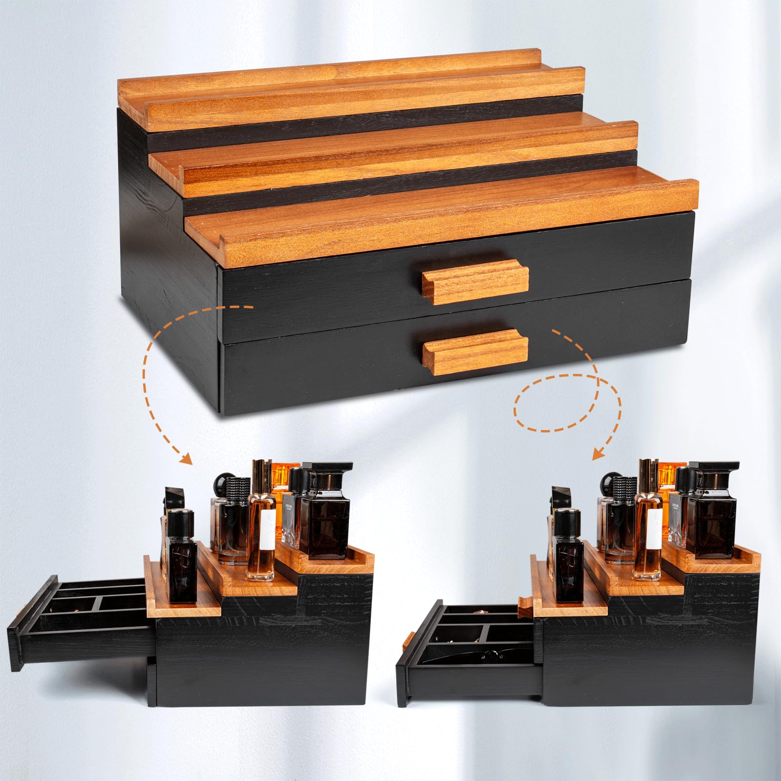Organizador de Colonia Moderno 3 Niveles con 2 Cajón | Colonia Estante Exhibidor de Madera para Hombre y Mujer, Organizador de Baño y Dormitorio