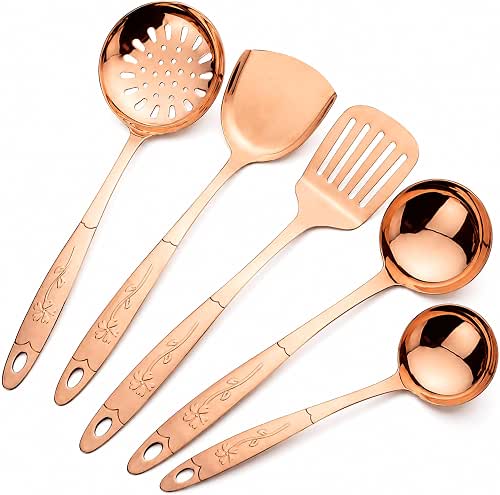 5-Piece Pure Copper Kitchen Cooking Utensils Set, Stylish Copper Kitchen