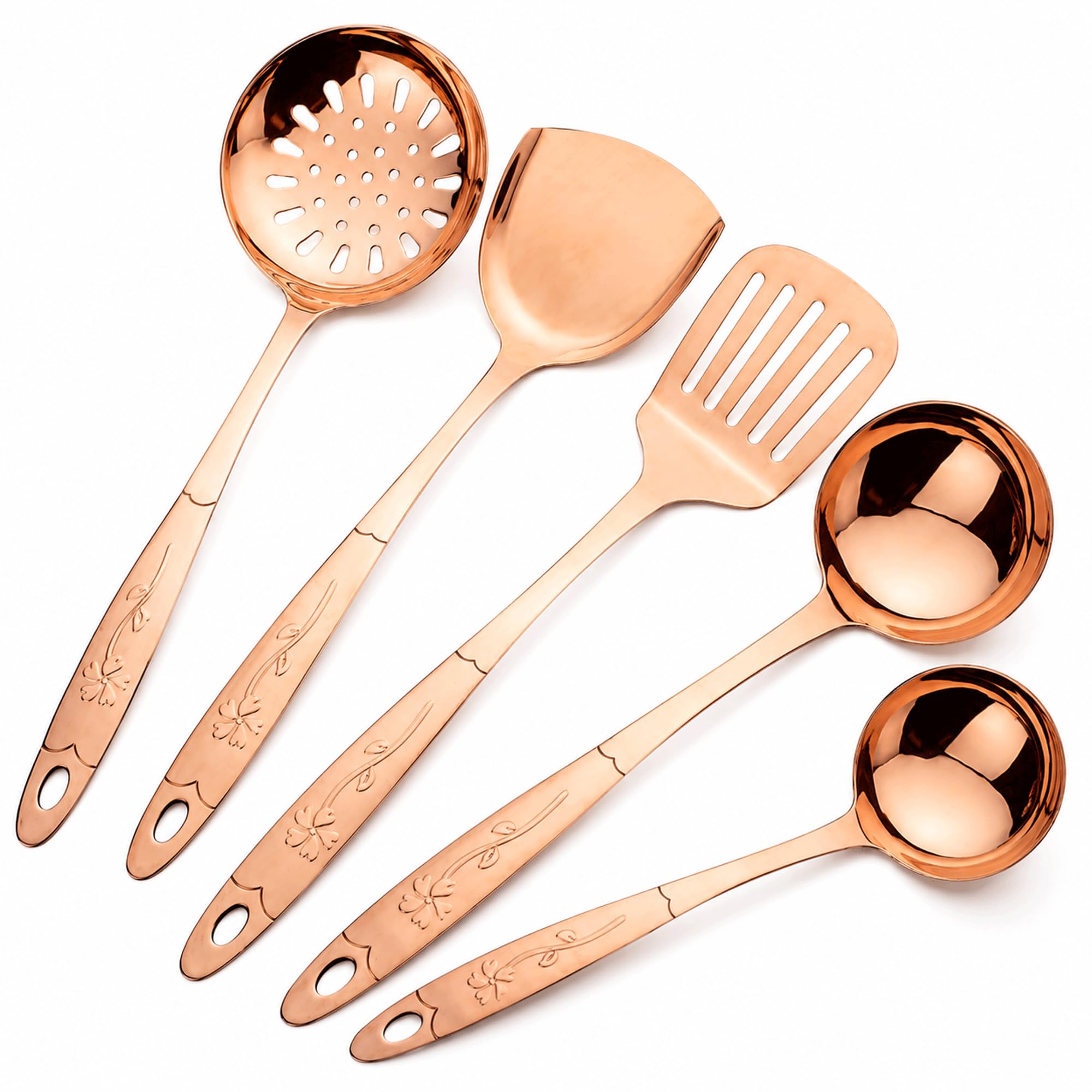 Purecopper 5-Piece Pure Copper Kitchen Cooking Utensils Set, Stylish Copper Kitchen Accessories, Cookware Set for Home or Restaurant Cooking (5)