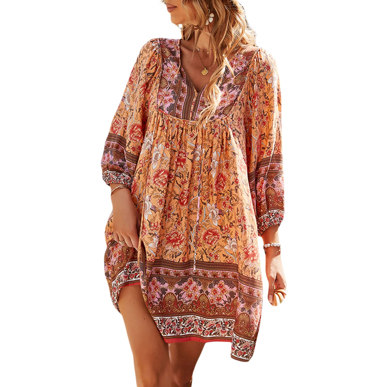 Juaugusep Women Casual Floral Print Boho Dresses Summer 3/4 Long Sleeve V Neck Flowy Loose Mini Dress Beachwear