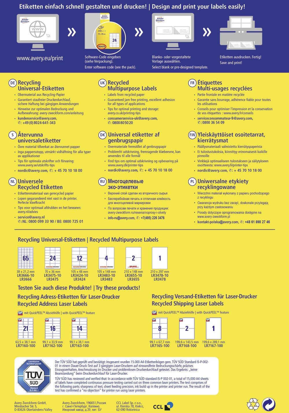 AVERY Zweckform LR3657 Recycled Labels (4,000 Adhesive Labels, 48.5 x 25.4 mm on A4, 100% Recycled Paper, Individually Printable, Self-Adhesive Stickers), 100 Sheets, Natural White
