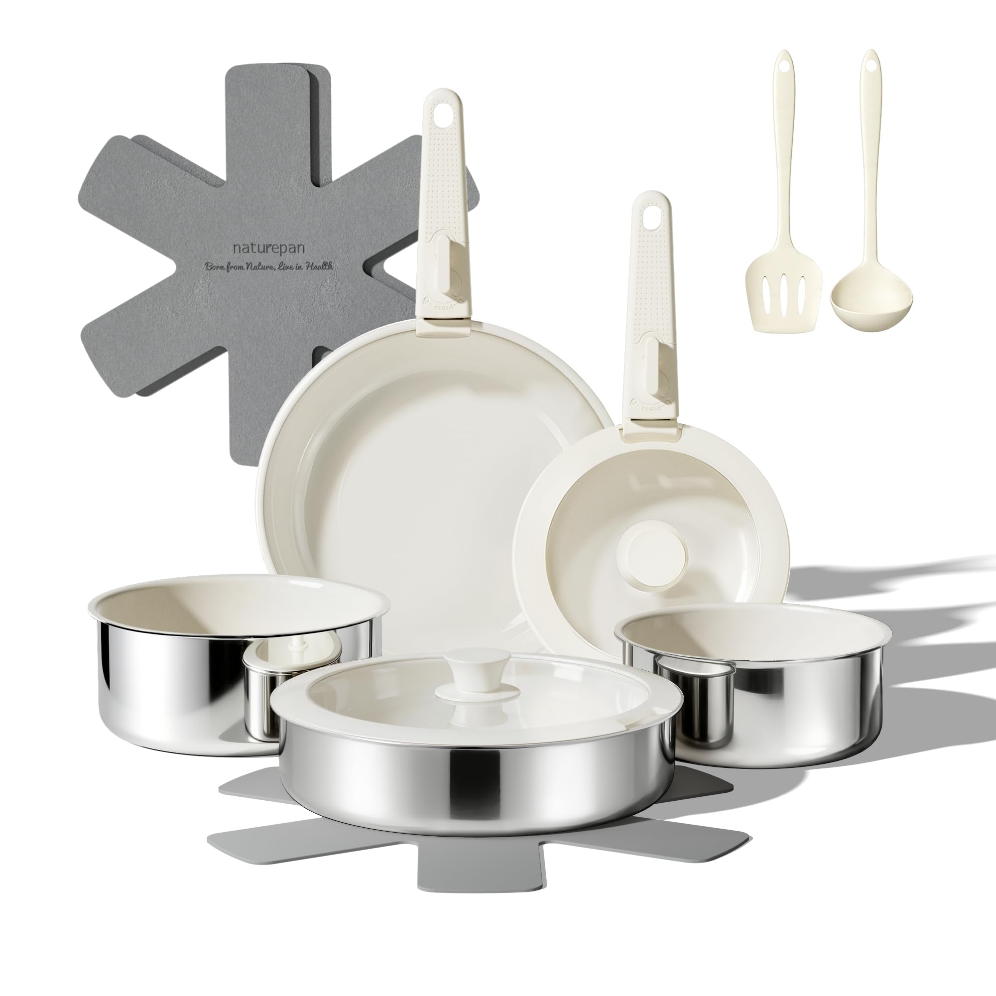 naturepan 16 PCS Ceramic Cookware Set, Stainless Steel Exterior Pots and Pans Set Non Stick, 10x More Durable Super Ceramic Coating, for Induction Hob Pan Set (Beige White)