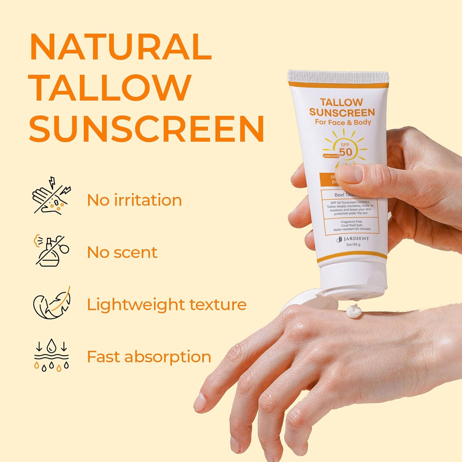 Beef Tallow Sunscreen SPF 50 with Mineral : Instant Sun Protection Non Nano Zinc Oxide Sunblock- Non Greasy Formula- Beach Jogging Outdoor Sports - 3 Fl oz, 85g - Image 2