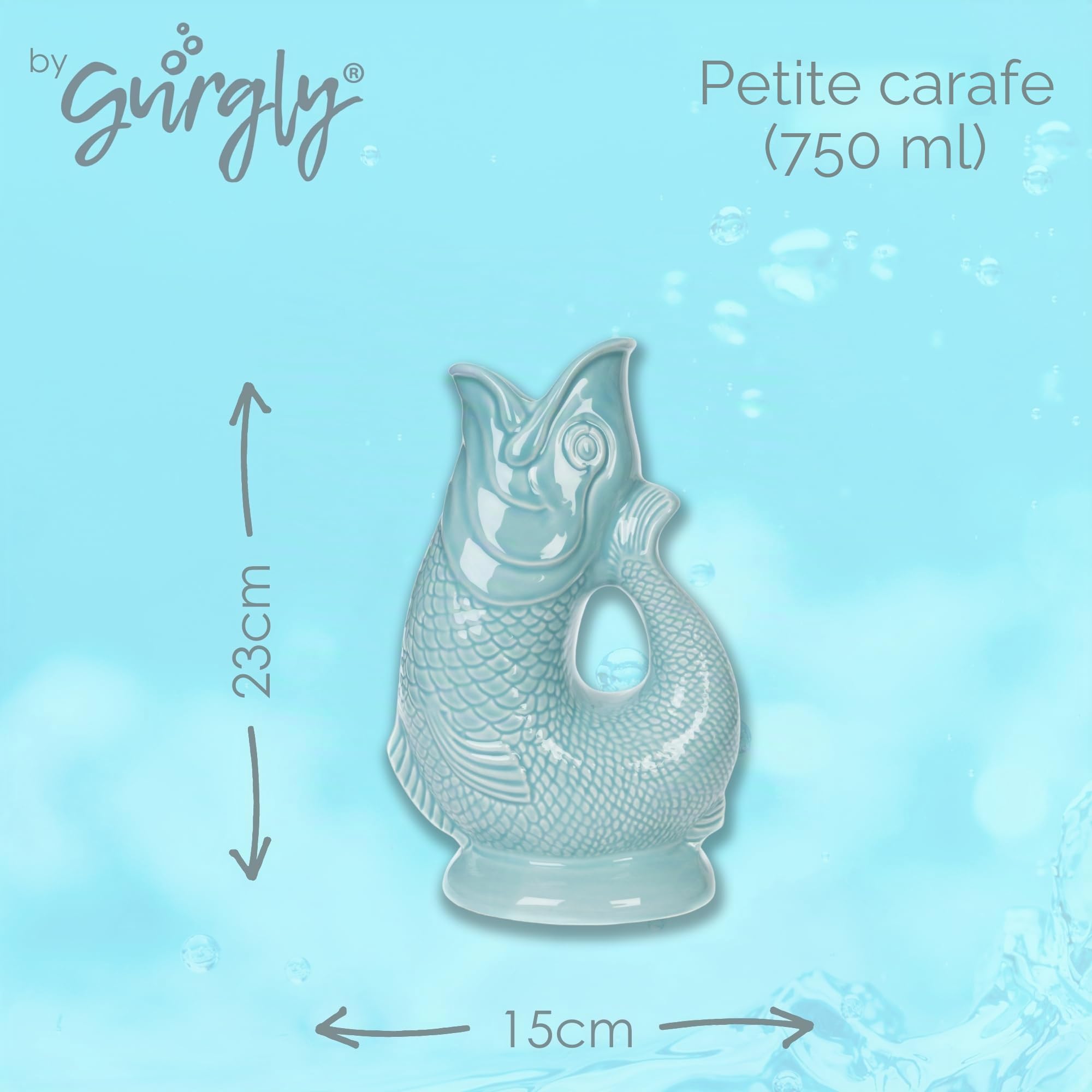 Carafe glouglou emblématique Gurgly, verte sauge, Petit format 23cm, 750ml - Pichet à eau en forme de poisson, vase décoratif, ornement, carafe